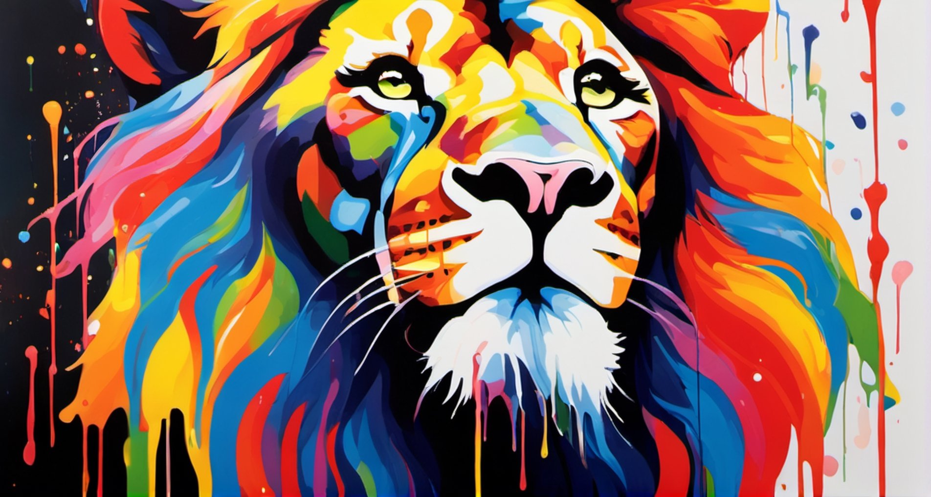 A pride of lions, snarling, multiple colours dripping paint, blood dripping from teeth, Colourful cat 