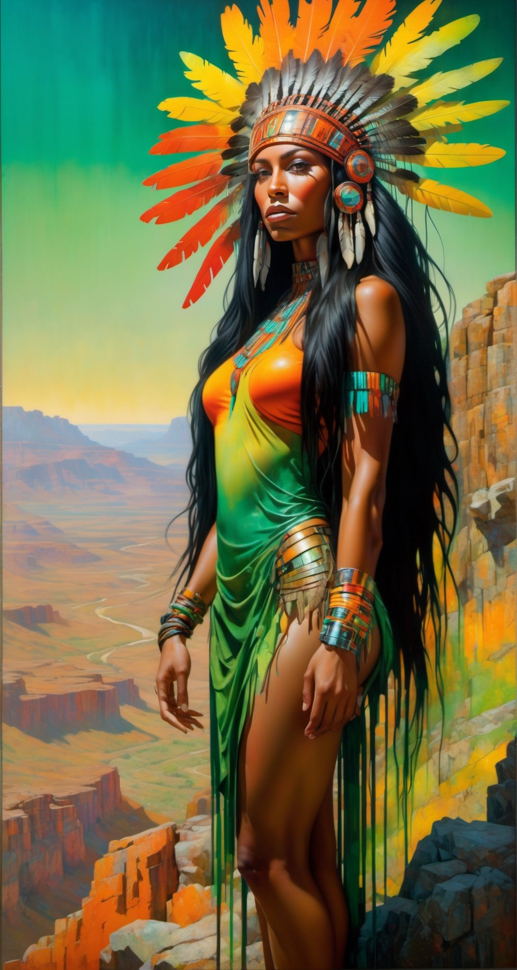 Please create a masterpiece,  stunning beauty,  African American woman, perfect face,  Long Black hair, light_brown_eyes, epic love,  Slave to the machine,  full-body,  standing on rocks overlooking valley below, hyper-realistic oil painting,  vibrant colors,  Orange, Green and Yellow native american war bonnet,  biopunk,  cyborg by Peter Gric,  Hans Ruedi Giger,  Marco Mazzoni,  dystopic,  golden light,  perfect composition,  multiple colours dripping paint,  