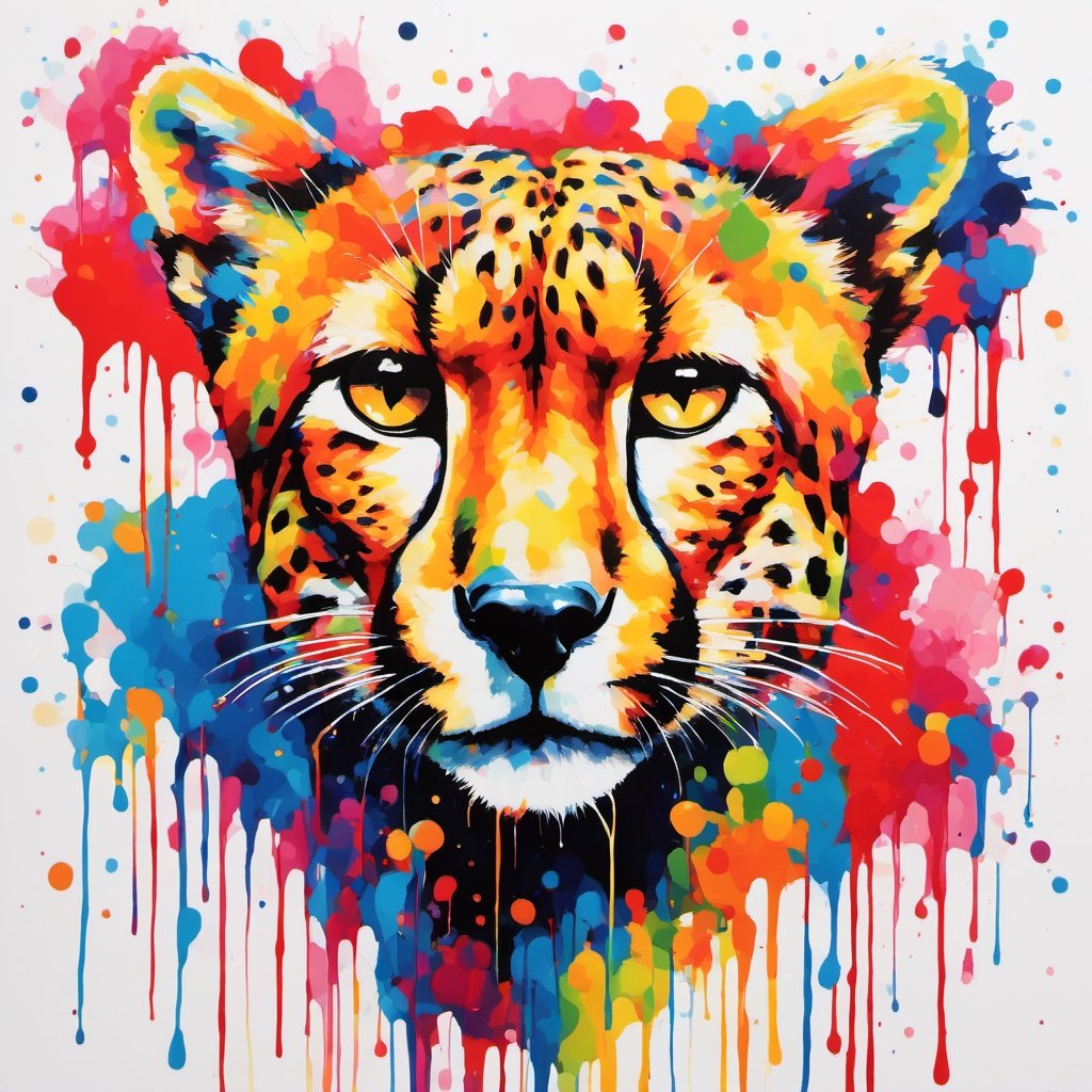 Cheetah, multiple colours dripping paint, blood dripping from teeth, Colourful cat 