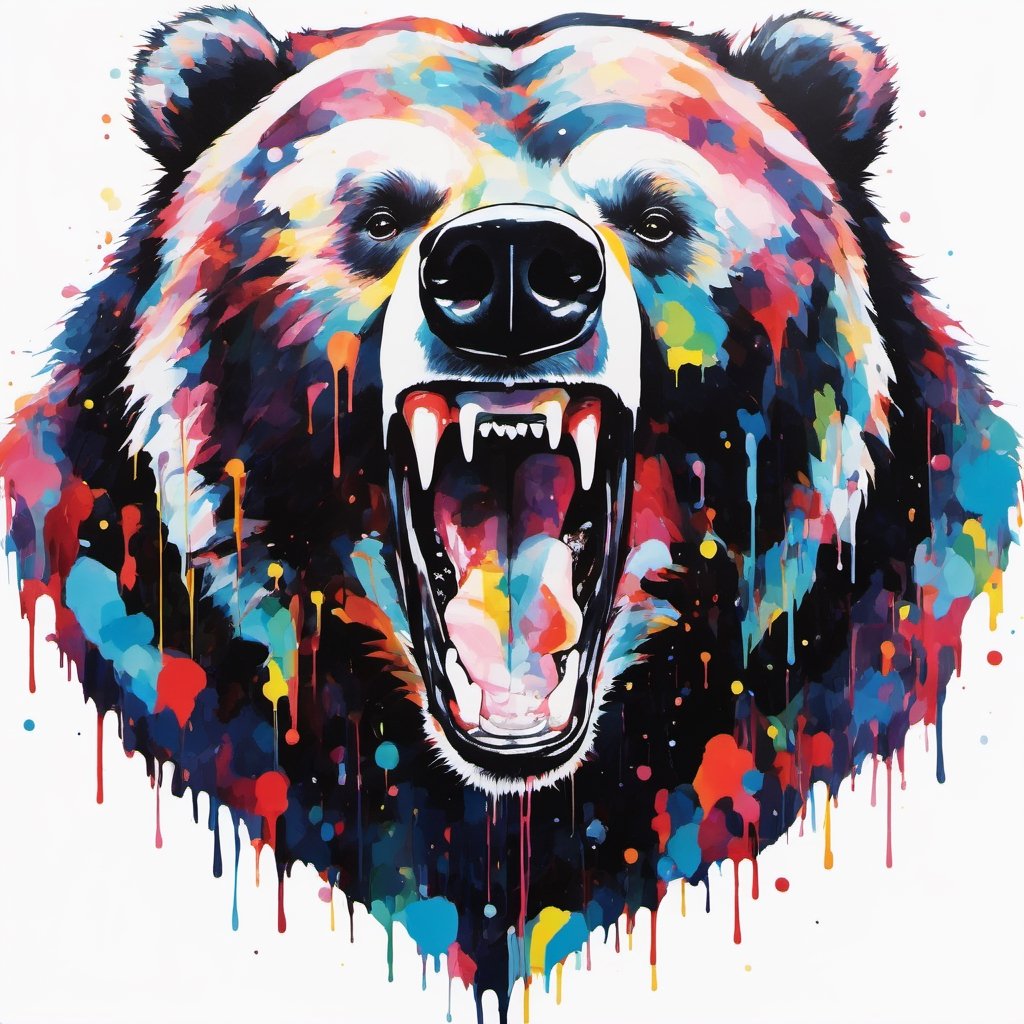 Grizzly bear, multiple colours dripping paint, blood dripping from teeth, Colourful cat 