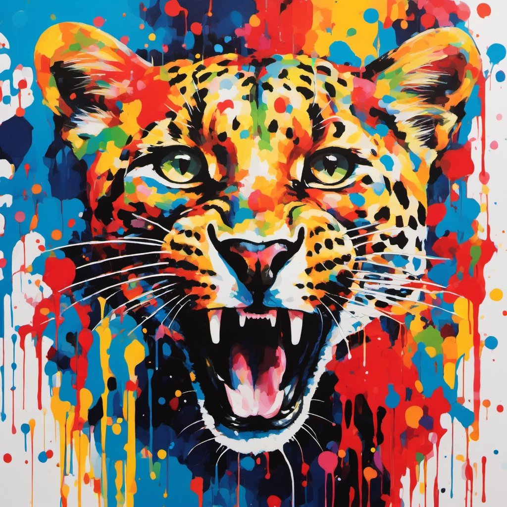 Leopard, multiple colours dripping paint, blood dripping from teeth, Colourful cat 