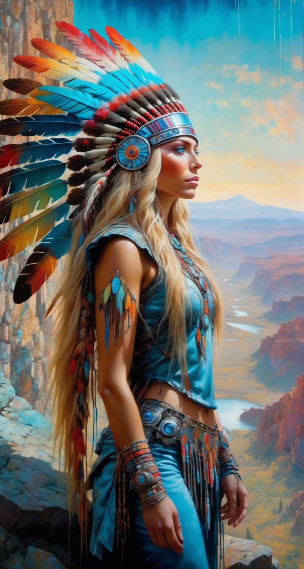 Please create a masterpiece,  stunning beauty,  perfect face,  Long Blonde hair, light_blue_eyes, epic love,  Slave to the machine,  full-body,  standing on rocks overlooking valley below, hyper-realistic oil painting,  vibrant colors,  native american war bonnet,  biopunk,  cyborg by Peter Gric,  Hans Ruedi Giger,  Marco Mazzoni,  dystopic,  golden light,  perfect composition,  multiple colours dripping paint,  