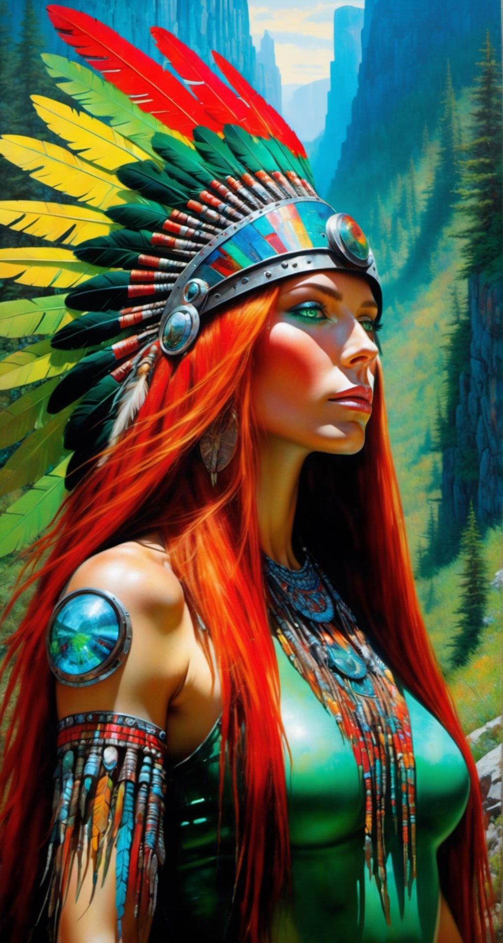 Please create a masterpiece,  stunning beauty,  perfect face,  Long red hair, green_eyes, epic love,  Slave to the machine,  full-body,  Standing_on_rocks, overlooking valley below, hyper-realistic oil painting,  vibrant colors,  native american war bonnet,  biopunk,  cyborg by Peter Gric,  Hans Ruedi Giger,  Marco Mazzoni,  dystopic,  golden light,  perfect composition,  multiple colours dripping paint,  