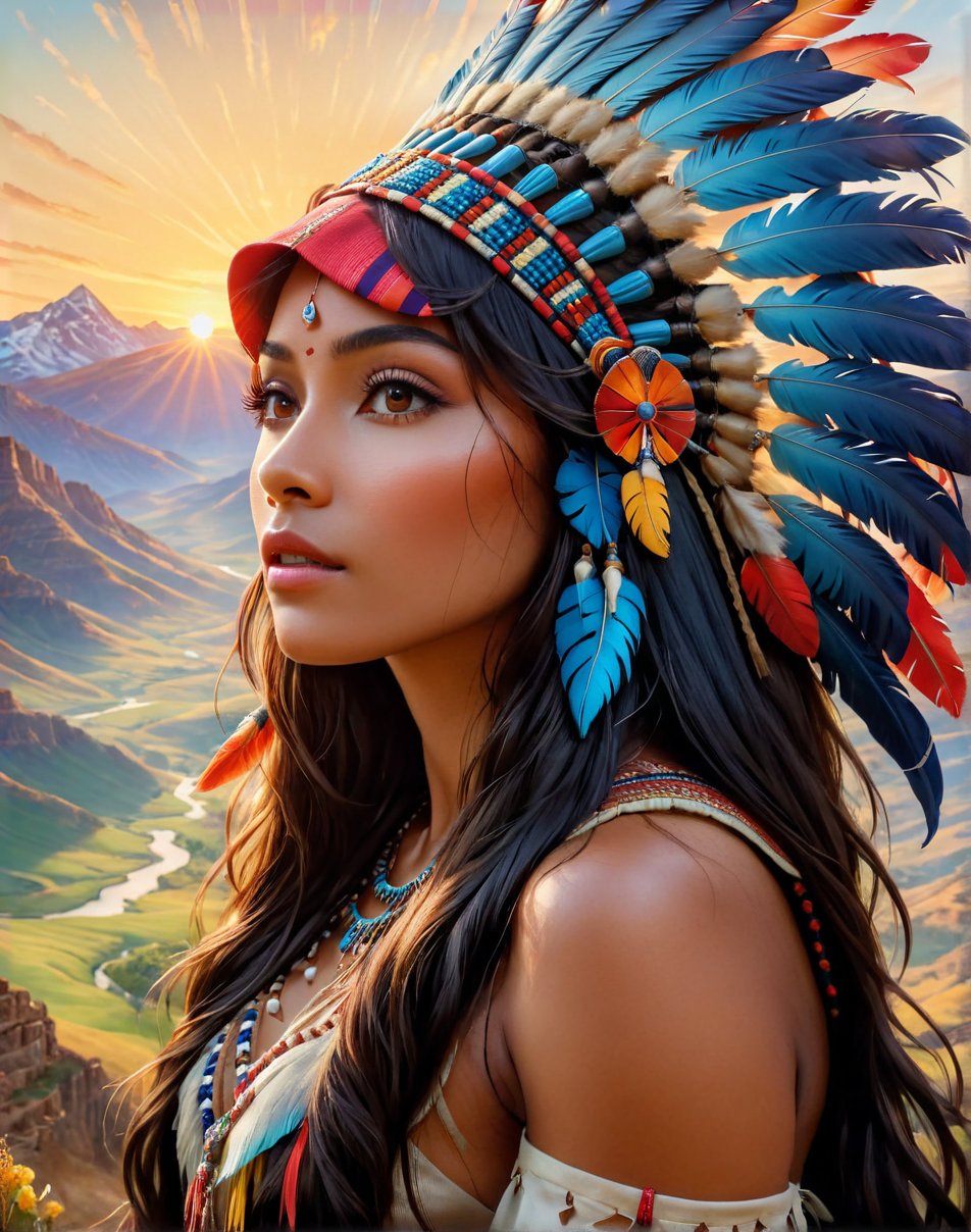 Please create a masterpiece,  stunning beauty,  femine, athletic build, tanned skin, perfect face, freckles, Long black hair, Light_brown_eyes, epic love,  Slave to the machine,  head and shoulders, peering over her shoulder, overlooking valley below, hyper-realistic oil painting,  vibrant colors,  long flowing native american war bonnet,  golden light,  perfect composition,  multiple colours dripping paint,  