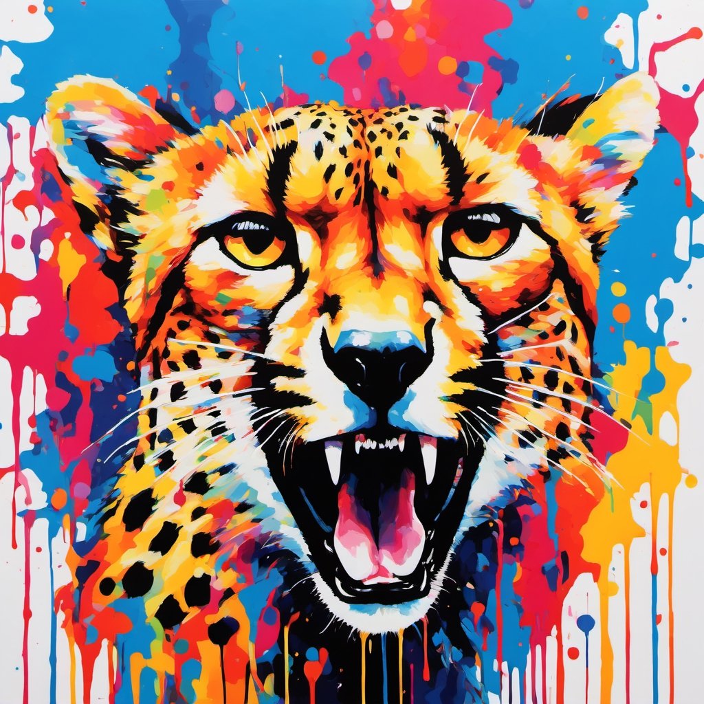Cheetah, multiple colours dripping paint, blood dripping from teeth, Colourful cat 