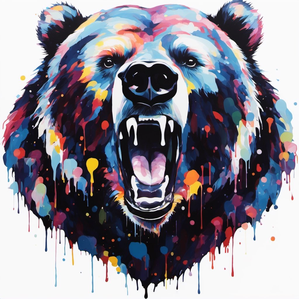 Grizzly bear, multiple colours dripping paint,Colourful cat 