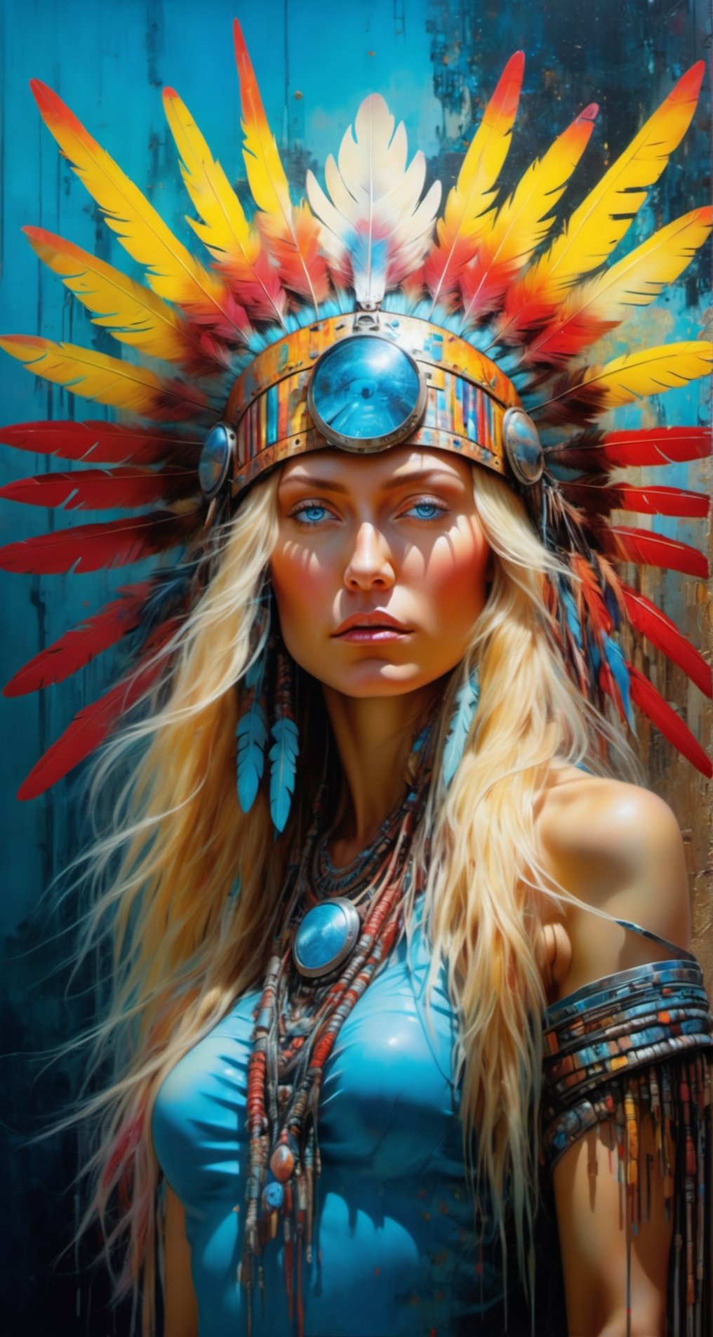 Please create a masterpiece,  stunning beauty,  angry expression, perfect face,  blonde hair, light_blue_eyes, epic love,  Slave to the machine,  full-body,  hyper-realistic oil painting,  vibrant colors,  native american war bonnet,  biopunk,  cyborg by Peter Gric,  Hans Ruedi Giger,  Marco Mazzoni,  dystopic,  golden light,  perfect composition,  multiple colours dripping paint,  