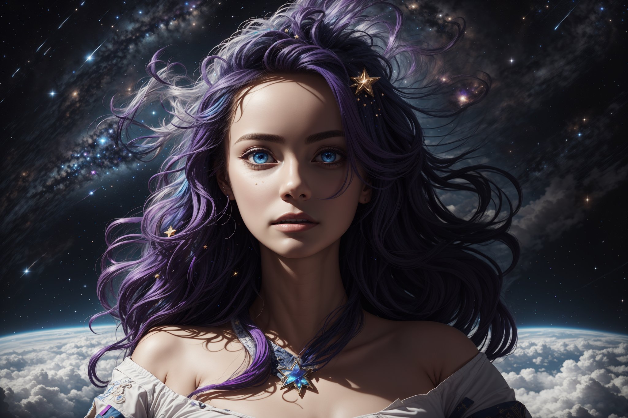 masterpiece, best quality, illustration, stars in the eyes,dishevelled hair,Starry sky adorns hair,1 girl,beautiful detailed eyes, beautiful detailed stars,blighting stars,emerging dark purple across with white long hair,multicolored hair,beautiful detailed eyes,beautiful detailed sky, floating in space, open arms, space full of colors