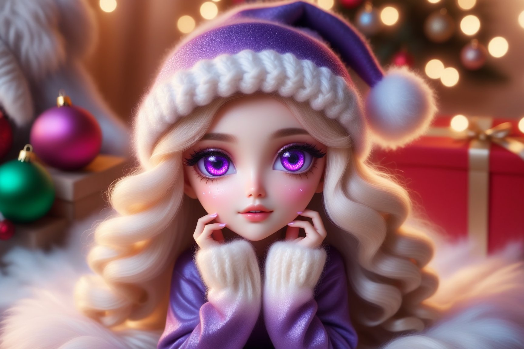 Magic fairy, super realistic electric purple eyes, tears falling from the eyes, blonde hair in curls, Christmas mood, wool cap, furry sweatshirt, elegant transparent skirt, legs crossed