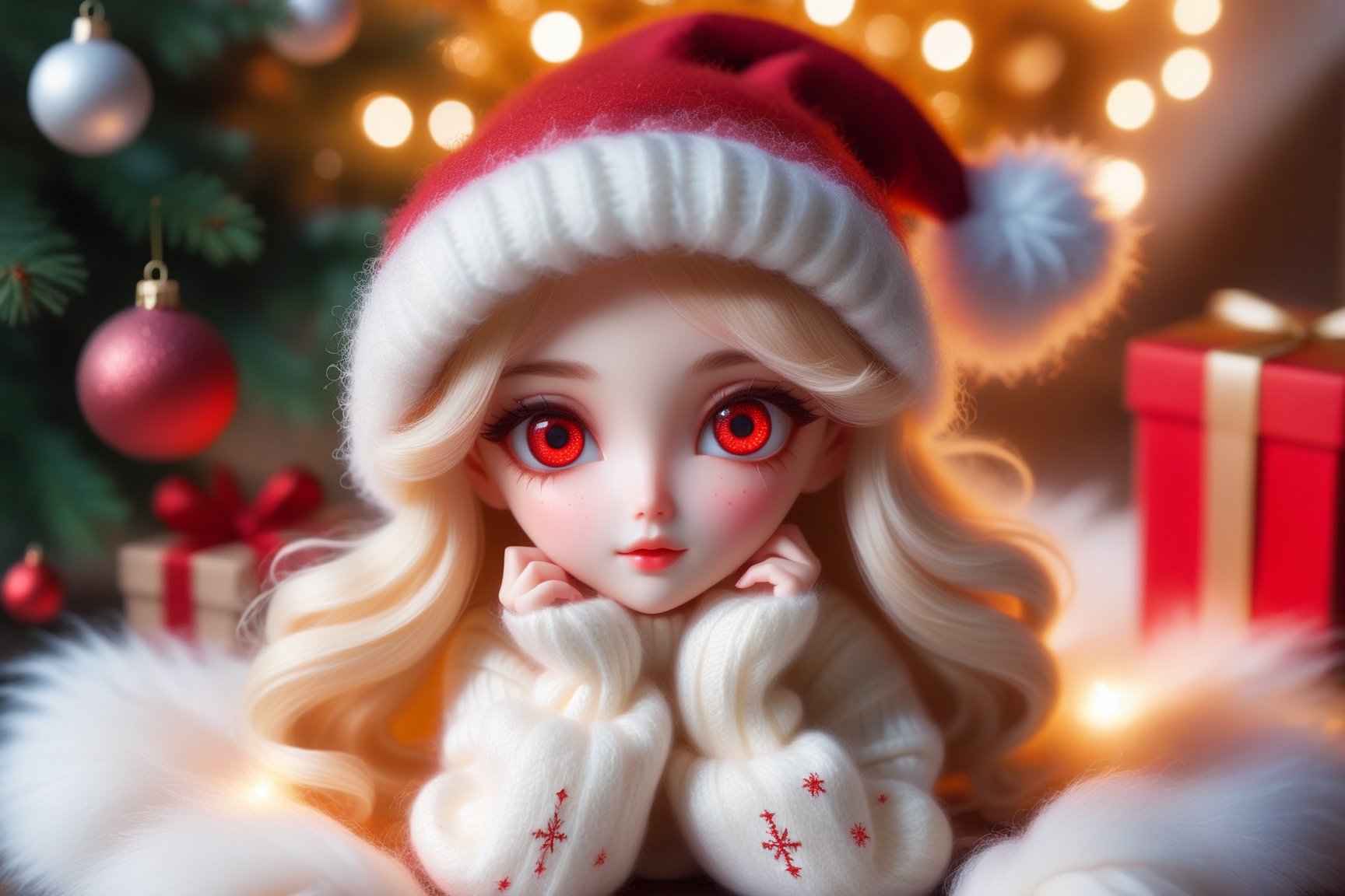 Magic fairy, super realistic electric red eyes, tears falling from the eyes, blonde hair in curls, Christmas mood, wool red cap, furry white sweatshirt, elegant transparent skirt, legs crossed