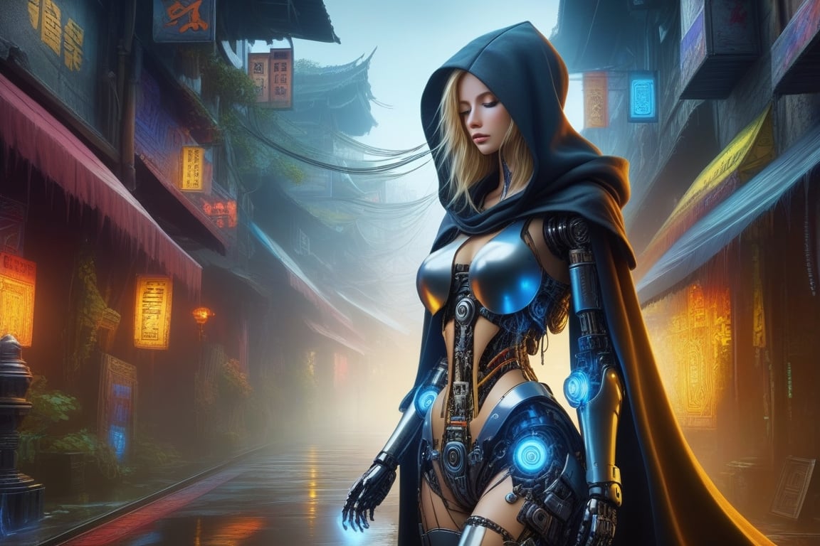 1 girl, sweatshirt hood, half robot, with a cloak, Highly detailed robot body, High detailed, broken sword, pray, beatiful body, long blonde hair, High detailed, Color magic, Saturated colors, cyborg style, fog in the background, DonMM4g1cXL 