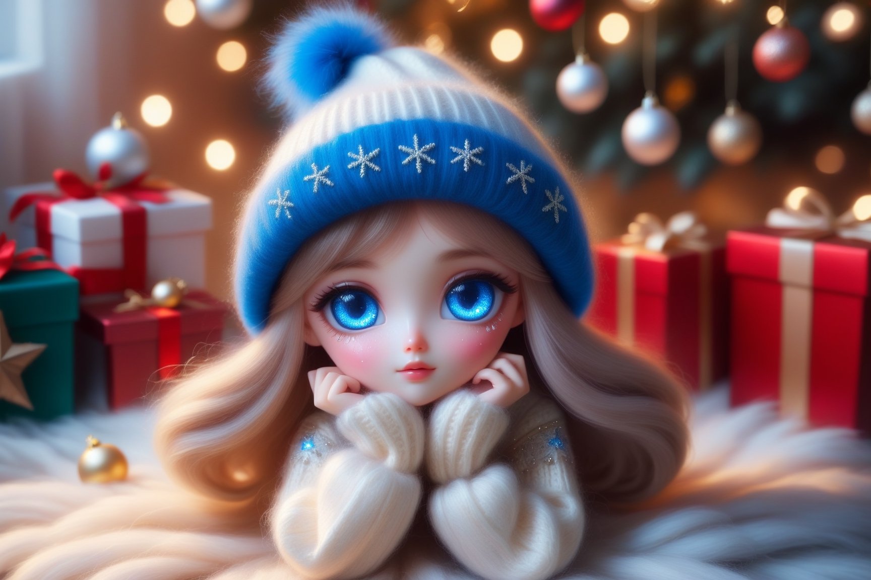 Magic fairy, super realistic electric blue eyes, tears falling from the eyes, Christmas mood, wool cap, furry sweatshirt, elegant transparent skirt, legs crossed