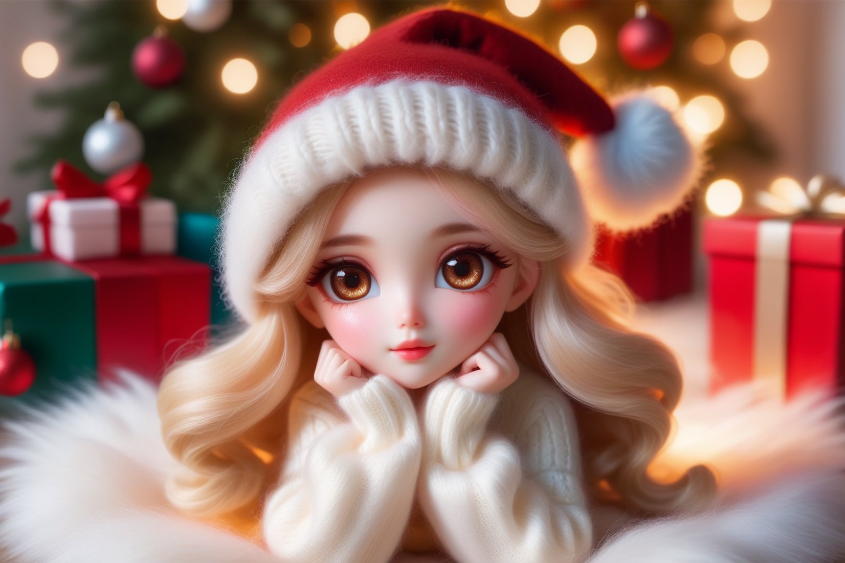 Magic fairy, super realistic electric brown eyes, tears falling from the eyes, blonde hair in curls, Christmas mood, wool red cap, furry white sweatshirt, elegant transparent skirt, legs crossed