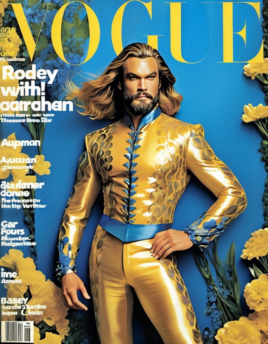 Aquaman wear translucent golden organza armor, Golden floral delicacy, blooming deep blue and golden petals, sheer elegance, garden party attire, masculinity redefined, Marie Claire Editorial, Blue and Golden botanical garden backdrop.,highly intricate,(VOGUE Cover Magazine:1.15),1968, 60s, black letters, hyper detailed, photorealistic,