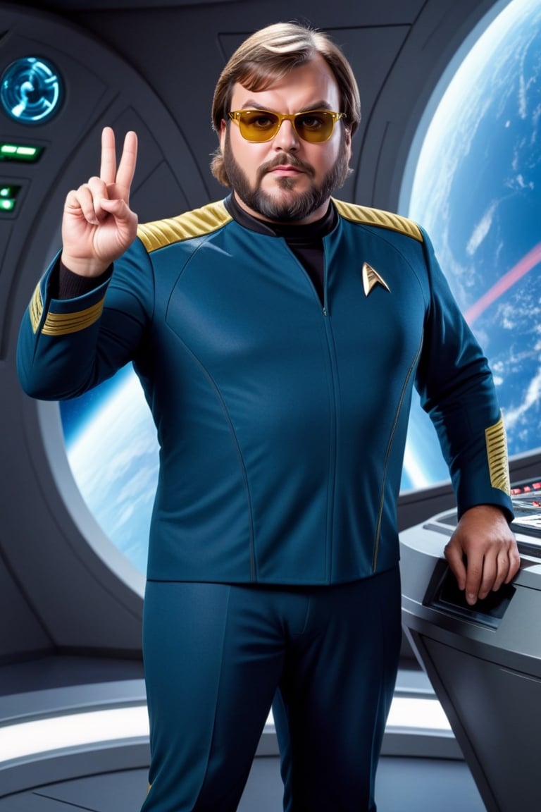 ((fat and bearded jack black dressed in a bad costume of Star trek series with sunglasses, )) ((full body view.)) ((inside the Enterprise with its peace and prosperity hand sign)),  (Masterpiece,  Best Quality),  (finely detailed eyes),  (finely detailed glasses and eyes and detailed face),  (extremely detailed CG,  Ultra detailed,  Best shadow),  Beautiful conceptual illustration,  (illustration),  (extremely fine and detailed),  (Perfect details),  (Depth of field),