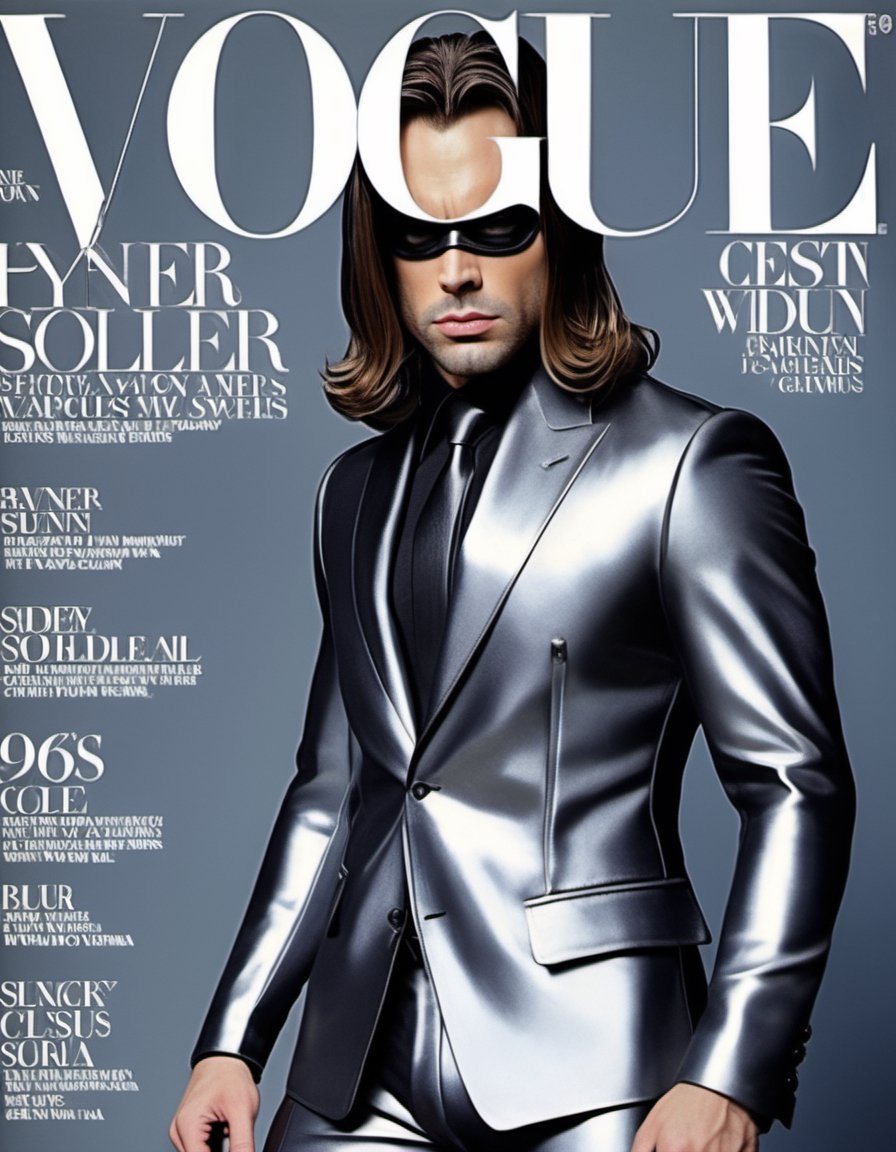 winter soldier modeling, (Bucky Barnes from avengers wear translucent Black and light metal elegant Suit with metal tie), (dark grey and metal delicacy), Black lips, blooming (Black and light grey metal petals), Black and light metal sheer elegance, garden party attire, masculinity redefined, Marie Claire Editorial, ((Black and light metal botanical garden backdrop)),highly intricate,(VOGUE Cover Magazine:1.15),1968, 60s, color letters, hyper detailed, photorealistic, ((winter soldier Supermodel))