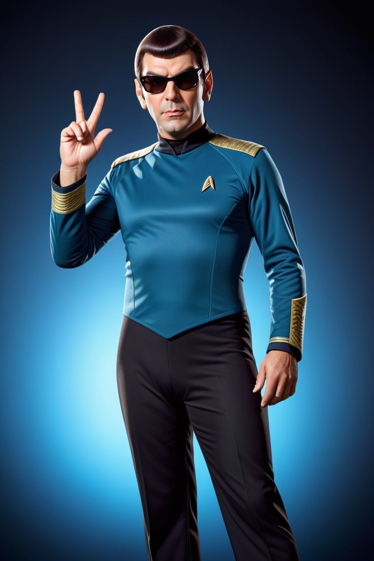 ((fat jack black dressed in a bad costume of Mister Spock of Star trek with sunglasses, )) ((full body view.)) ((inside the Enterprise with its peace and prosperity hand sign)),  (Masterpiece,  Best Quality),  (finely detailed eyes),  (finely detailed glasses and eyes and detailed face),  (extremely detailed CG,  Ultra detailed,  Best shadow),  Beautiful conceptual illustration,  (illustration),  (extremely fine and detailed),  (Perfect details),  (Depth of field),