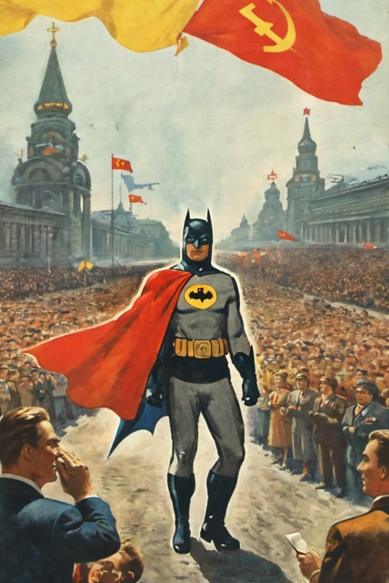 
poster from the Soviet era of the 1950s of a Batman in a red and yellow uniform marking the path on the horizon with his hand and a crowd of people following him, attentive and inspired by Batman, many Soviet flags in the surroundings.,soviet poster