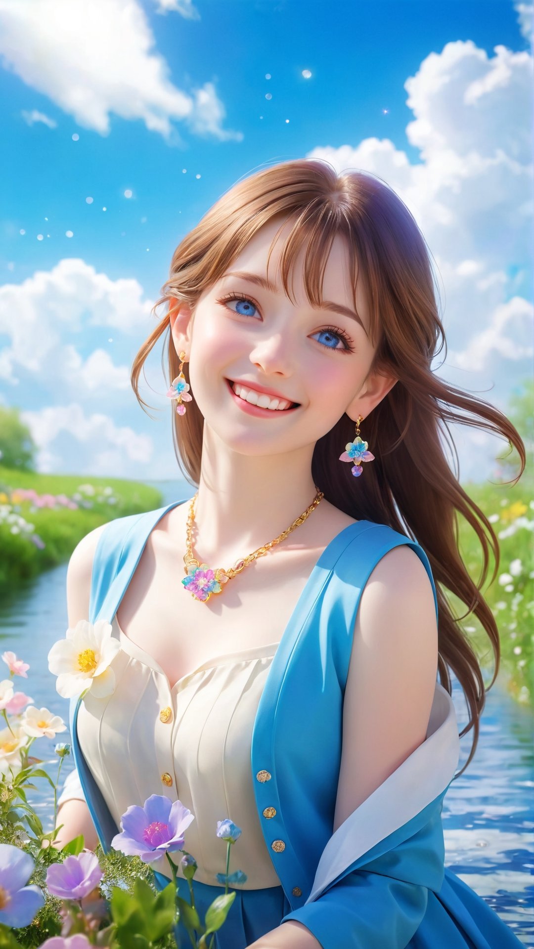 Spring flowers blooming fantastic amazing photos and portrait photography realistic high quality, blue sky and white clouds, beautiful flowers and water river around the flowers, Beautiful, soft light, (beautiful and delicate eyes), very detailed, pale skin, big smile, (long hair), dreamy, medium chest, female 1, ((front shot)), bangs, soft expression, height 170, elegant , Bright smile, 8k art photo, photorealistic concept art, realistic, person, small necklace, small earrings, fantasy, jewelry, shyness, dreamy soft image, masterpiece, ultra high resolution, skirt, shirt, jacket, color , (both eyes (winds gently), (raises head slightly and looks immersed in happy thoughts),colorful,glitter