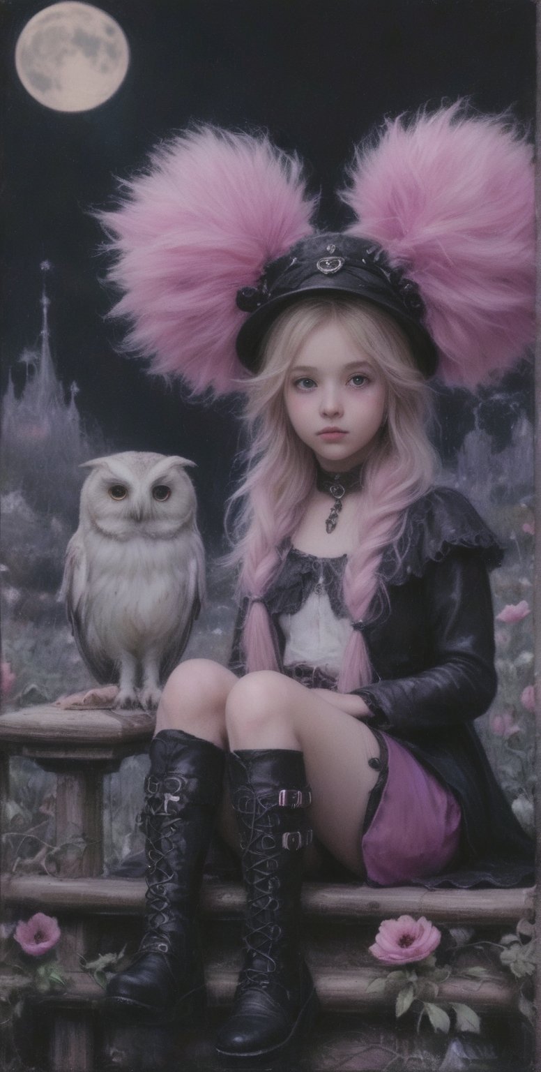 A whimsical, gothic, and kawaii style art scene featuring a cute little girl with messy long hair sitting on the fence with her fluffy owl beside her. She wears a top hat, styled by Artgerm, leather pants, buckled boots. The color palette includes purples, pinks, blacks, green and lavenders, with touches of white. She has marbled lipstick. The setting is magical and enchanting, like a moonlit forest or mystical castle, reminiscent of Anton Semenov's work. Fantastic amazing, Cute and enjoy 