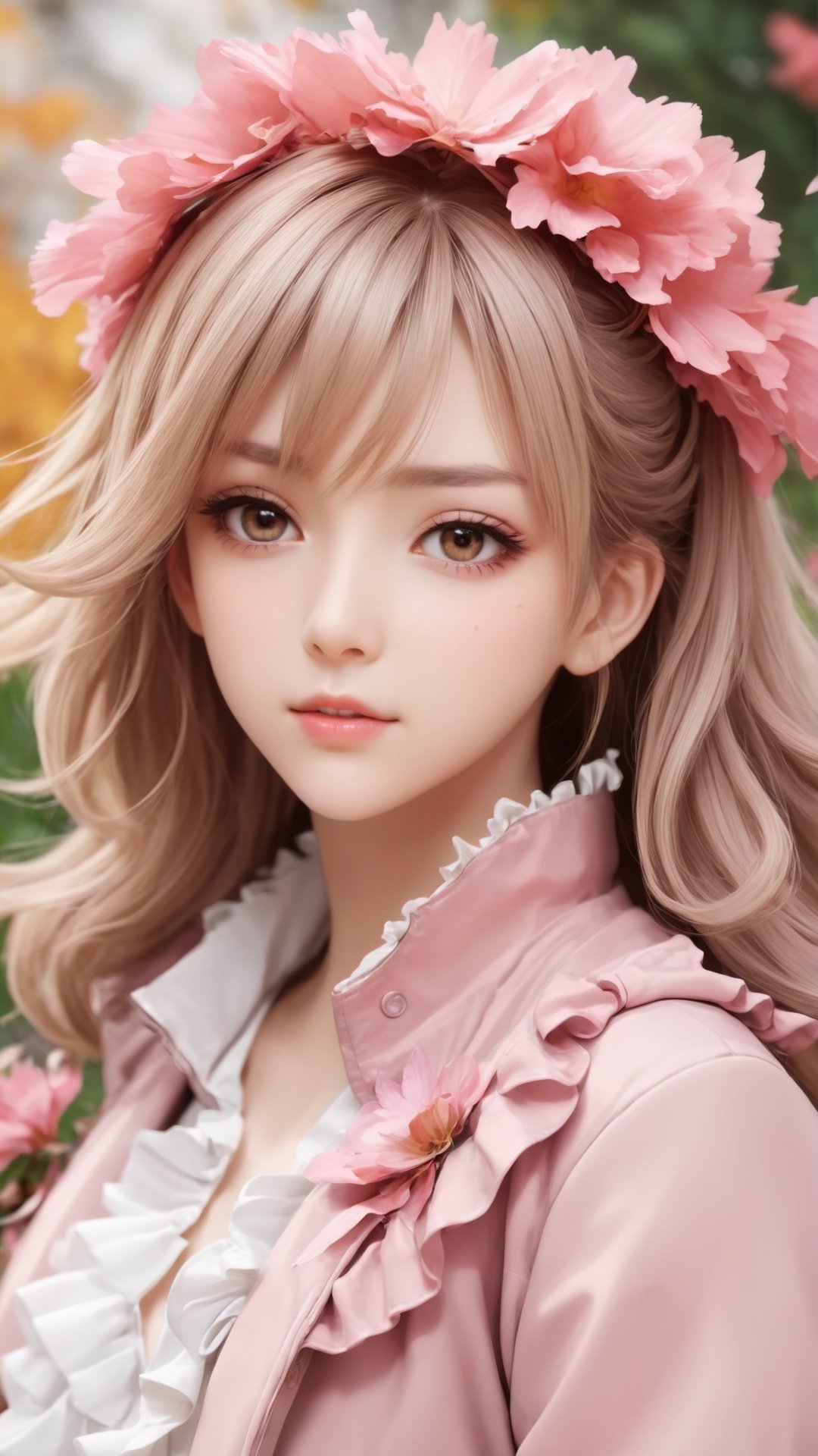 Autumn style, flowers blooming, maple leaves falling, flowers petals falling, full body, side view shot, anime girl with hair accessories in her hair and Wearing pink and white ruffled clothes and jackets,, artwork in the style of beautiful anime portrait, detailed portrait of anime girl, kawaii realistic portrait, stunning anime face portrait, cute anime girl portrait, portrait of an anime girl, portrait anime girl, flowers and lighting bokeh as background.