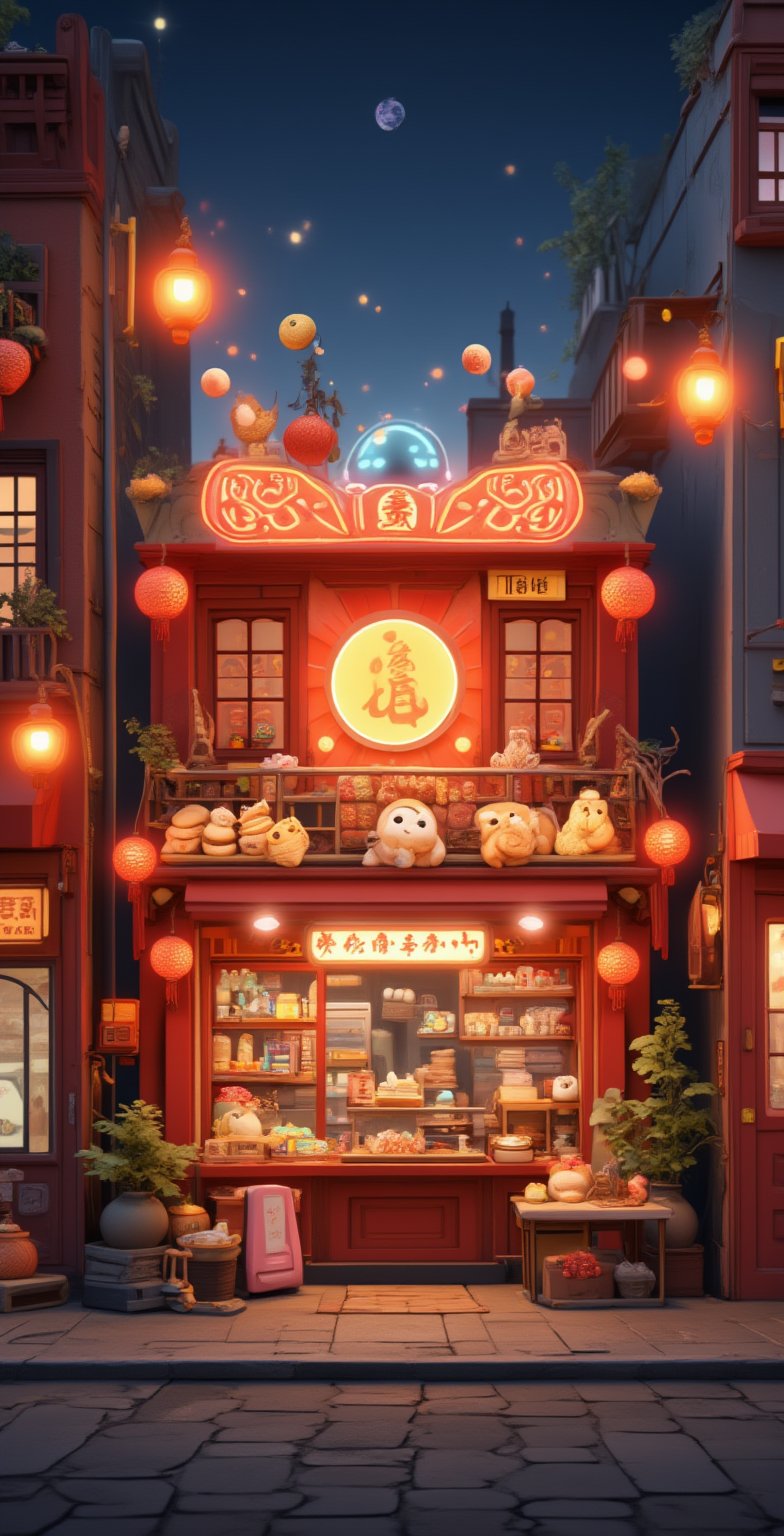 https://s.mj.run/2UNKyodd7hI A cute mooncake shop, pastel color scheme, 3D rendering, in the style of Pixar, cute characters and objects, exquisite details, cute elements, night scene with street lights, warm colors, high resolution, full of vitality. A large window is decorated in the shape of an orange space pattern on top, surrounded by oversized cookies, various types of colorful Mid-Autumn Festival cakes inside, street view of a small town, high definition, high detail, bright light source, warm tones 