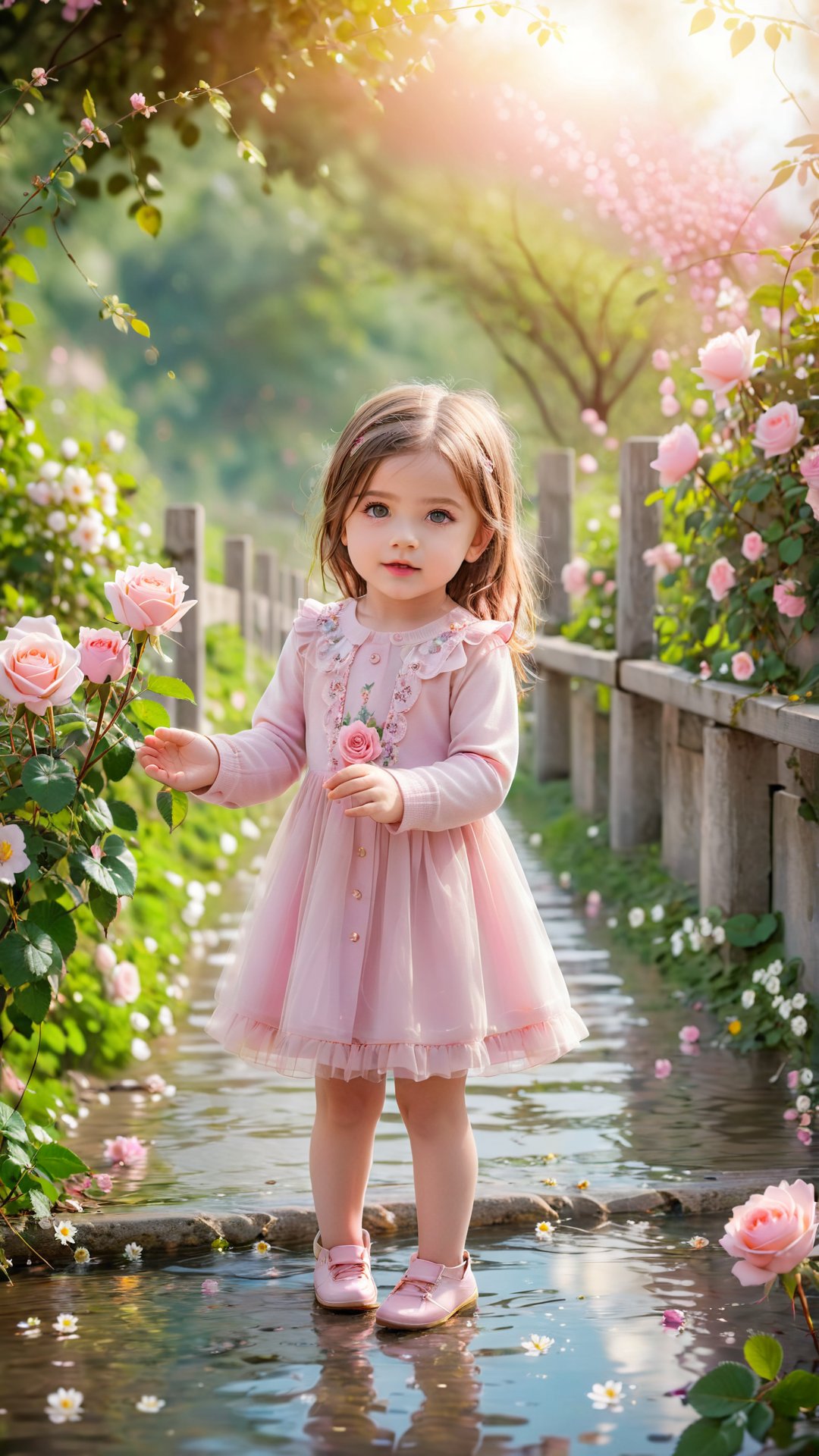 generate 3d image of rose falling from the hands of four year old girl standing in a wired bridge, perfect face and beautiful eyes and the best quality portrait photography, flowers bloom bokeh background, beautiful and fantastic and dreamy, dreamy romantic scene style, depth of field.