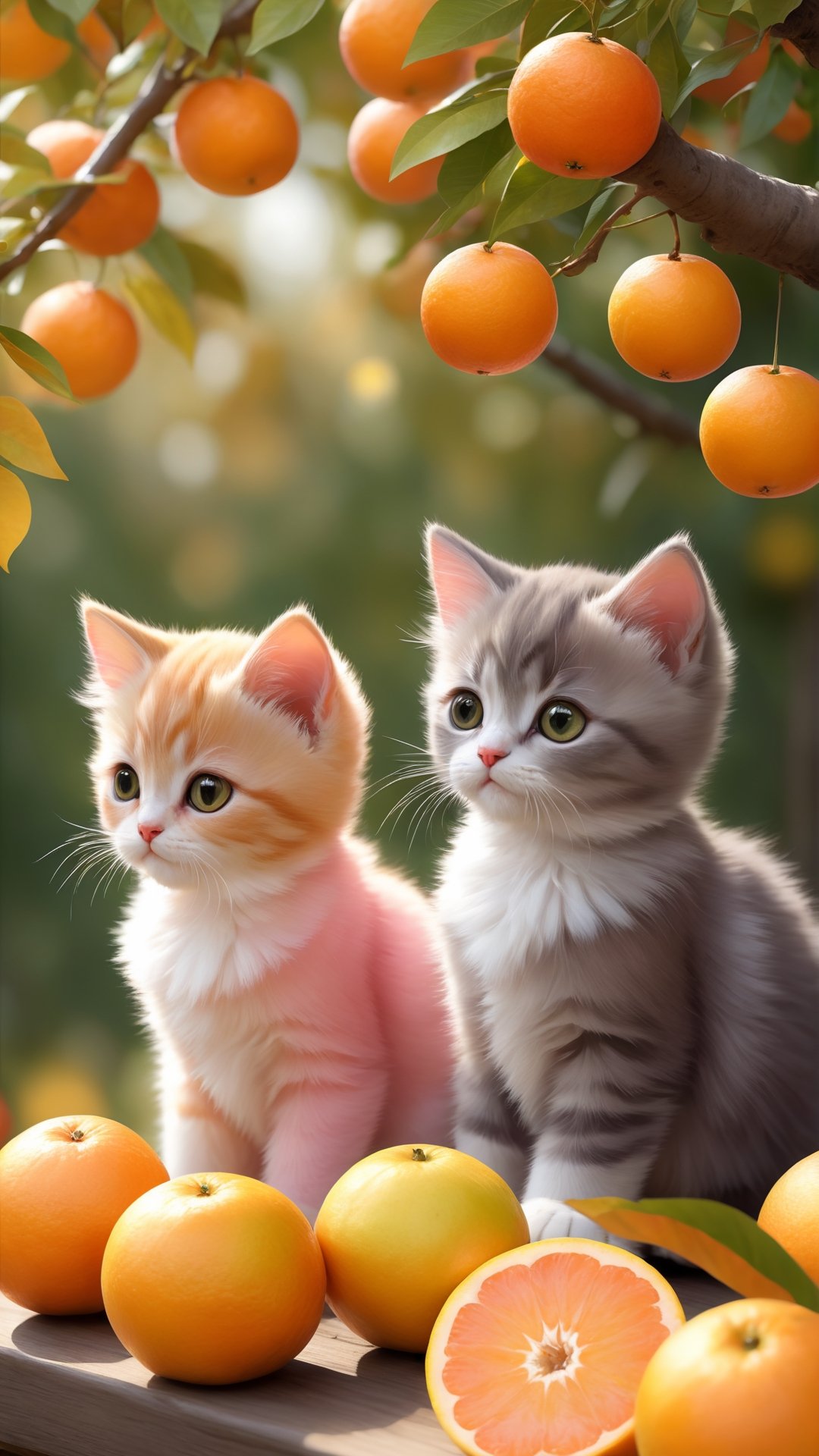 Side view shot, Turn around and look ahead, Two cute little fluffy fat kittens wearing pink coat sit down on the orange tree branch and Picking oranges from the treeand smiled happily, Autumn style, realistic high quality orange tree, oranges full the branch, maple leaves falling, big eyes so cute and beautiful, under the tree have a table, and apples and beautiful flowers, maple leaves falling, orange near flowers, Turn around and look viewers , pink flowers blooming fantastic amazing and romantic lighting bokeh, yellow flowers blooming realistic and green plants amazing tale and lighting as background, Xxmix_Catecat