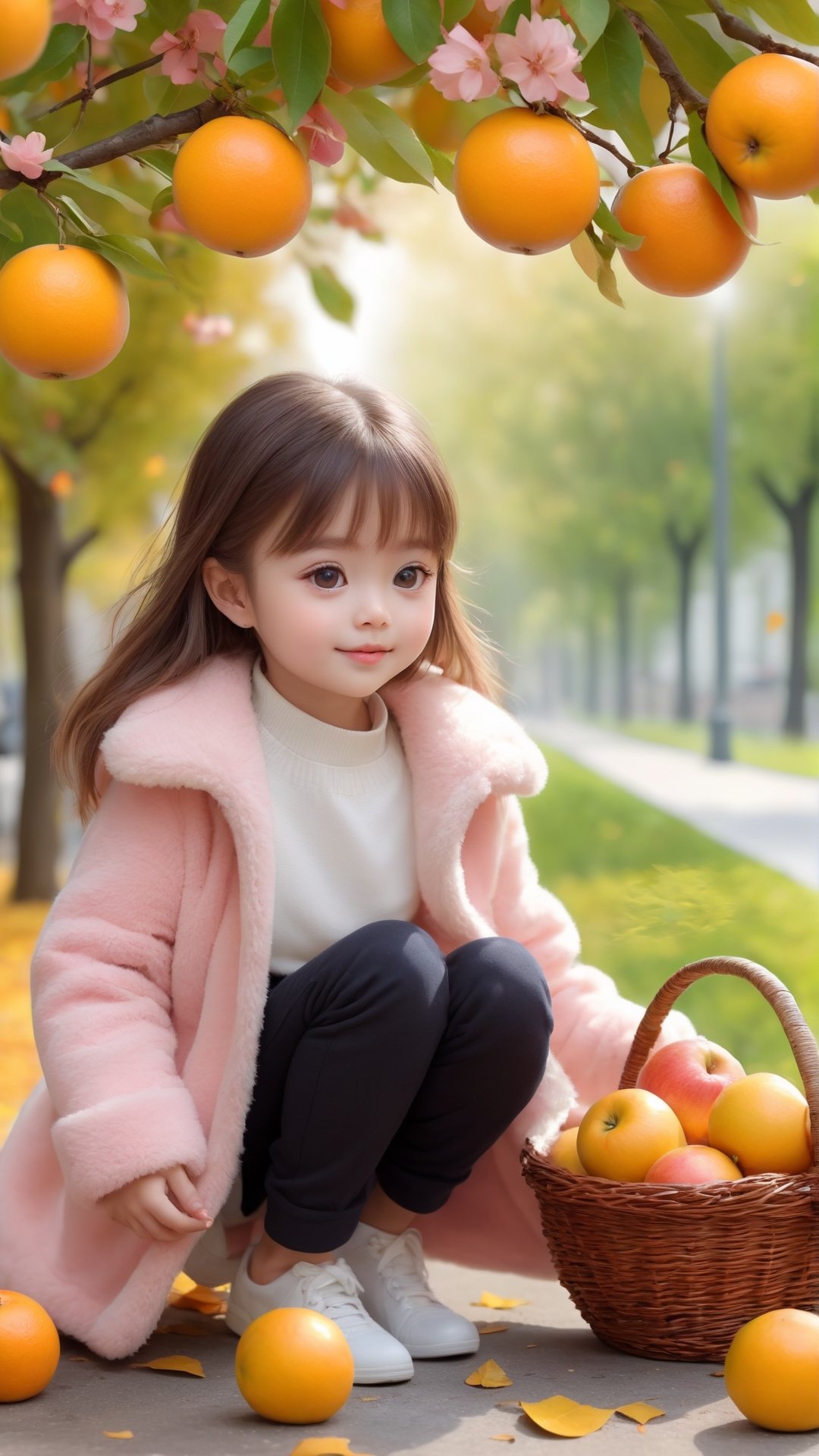 Side view shot, Turn around and look ahead, A beautiful big eyes and adorable little girl with two cute little fluffy fat kittens wearing pink coat walking on the orange tree branch and Picking oranges from the treeand street, smiled happily, Autumn style, realistic high quality orange tree, oranges full the branch, maple leaves falling, big eyes so cute and beautiful, under the tree have a table, and apples and beautiful flowers, maple leaves falling, orange near flowers, Turn around and look viewers , pink flowers blooming fantastic amazing and romantic lighting bokeh, yellow flowers blooming realistic and green plants amazing tale and lighting as background, Xxmix_Catecat