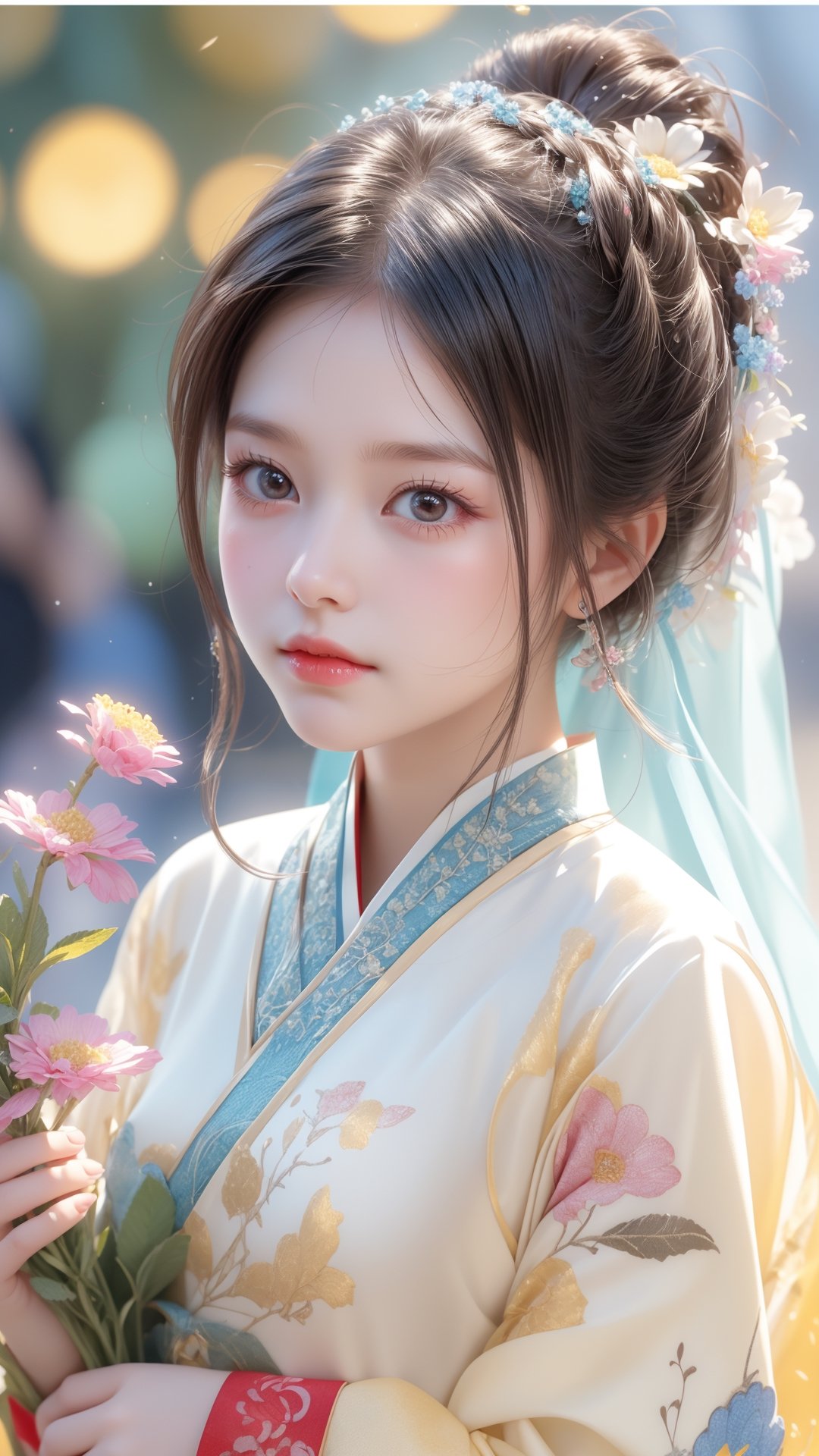 The flowers are blooming, and a five-year-old girl is wearing a light yellow  Hanfu. She is very cute and has a cute and beautiful round face. Pixar animated movie, flowers bloom bokeh background.