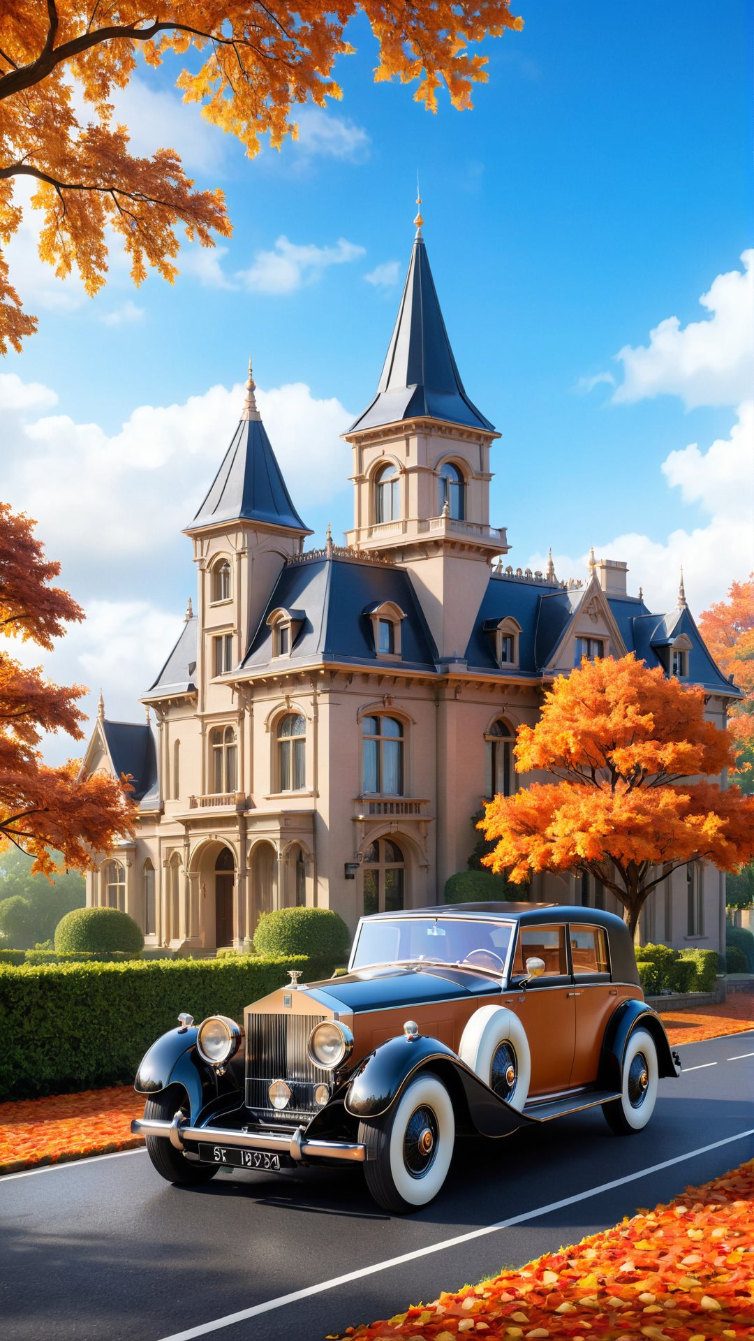 Blue sky beautiful clouds, A captivating illustration by @elmagnifico2 features a classic black 1920s Rolls-Royce elegantly parked on a tree-lined road. The vehicle's timeless design contrasts with the grand, almost fairytale-like Victorian mansion in the background, which has a towering spire and prominent tower. The autumnal setting, with vibrant orange and brown leaves on the trees, adds warmth and richness to the scene. The overcast sky casts a moody atmosphere, enhancing the vintage charm and nostalgic allure of this idyllic tableau.