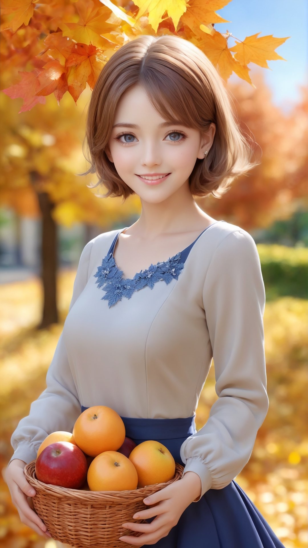 1girl, hugging basket,  fruit in basket,  happy, detailed beautiful eyes, autumn, light brown hair, bob hair, maple leaf hair ornament,  blue sky,  brown eyes, long sleeves dress, happiness and enjoy the best moment to smiling, high quality portrait photography, flowers bloom beautiful bokeh background.
,3DMM