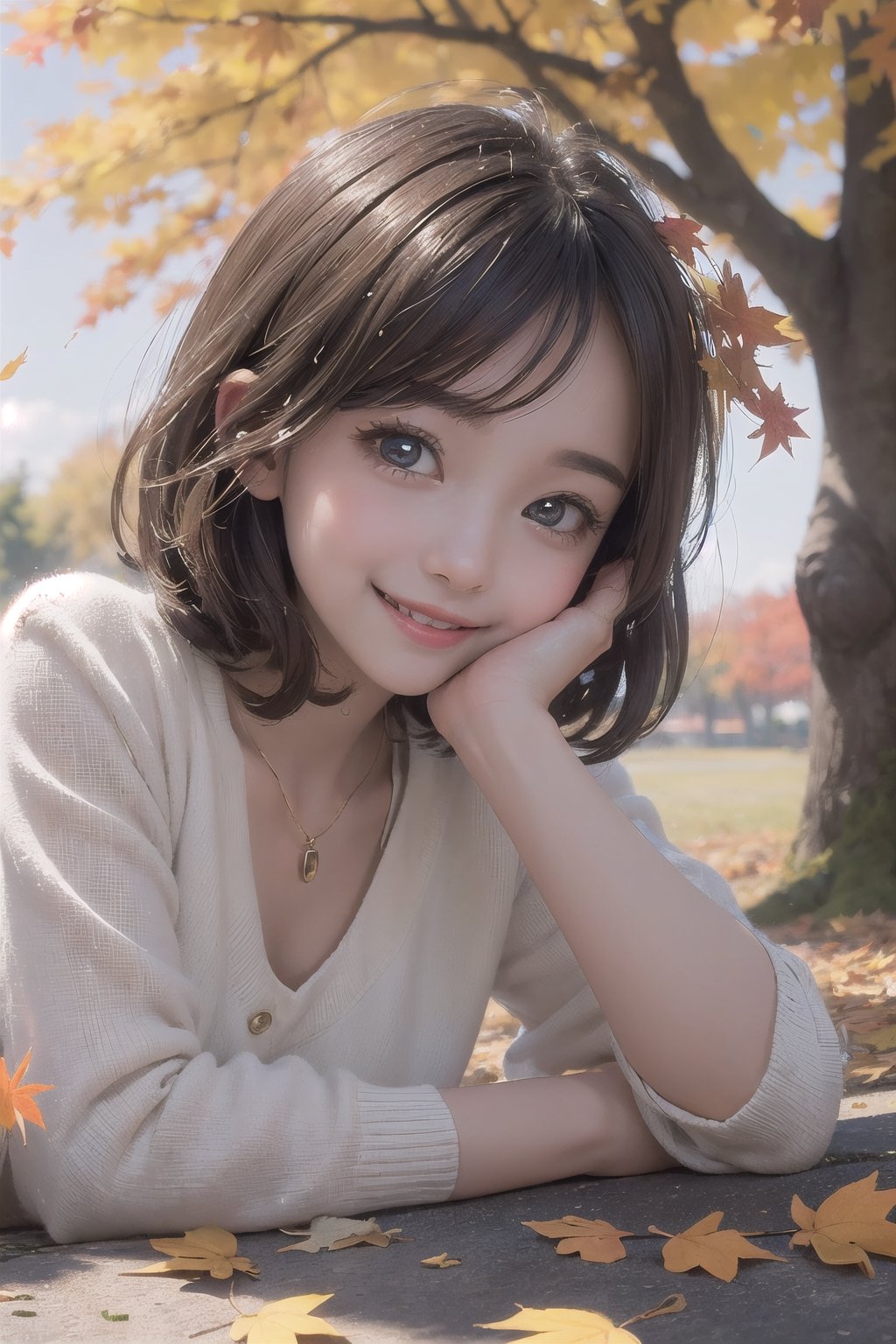 (Masterpiece, Top Quality, Best Quality, Official Art, The autumn season, maple leaves falling everywhere, a lovely cute big eyes little girl smile and happy stretched out my hand to catch the flying maple leaves. I was so happy. The beautiful picture was like a movie style, happy and beautiful. realist sweet and dreaming lovely HD 8K