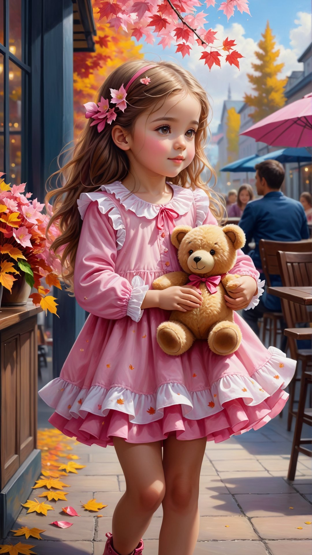 ((masterpiece), (best quality), (highly detailed)), Side view shot, Autumn style, flowers blooming, maple leaves falling, pink flower petals falling too, full body, A cute little girl with long hair wearing bright pink colour Ruffles shirt in the out door café holding a teddy bear in arms is the subject of this beautiful painting. The artist has created a realistic and detailed portrayal of a cute girl, showcasing their expertise in 4K digital art. The painting captures the essence of the little girl's features, bringing them to life with stunning realism. The use of oil adds to the beauty and richness of the portrait, making it a magnificent and visually captivating piece. This realistic and detailed oil painting is truly a work of art. flowers blooming and lighting bokeh as background