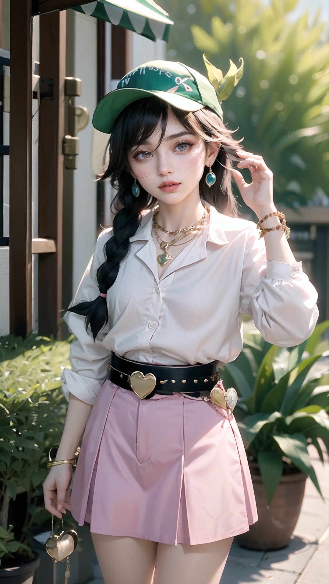 1girl, solo, long hair, looking at viewer, bangs, skirt, brown hair, black hair, hat, jewelry, braid, heart, earrings, belt, necklace, twin braids, bracelet, lips, sunglasses, child, baseball cap, female child, heart earrings, heart-shaped eyewear, pink-framed eyewear,venti (genshin impact),Nature