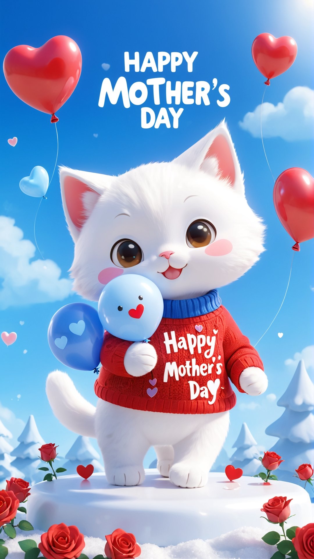 A warm and vibrant 3D rendering of a chibi cute furry white kitten wearing a red sweater and matching blue sneakers. He held a bouquet of roses and a heart-shaped balloon with ((( "Happy Mother's Day" )))written in elegant fonts. The little hearts surrounding it add to the sweetness of the scene. The snowy background, warm colors, and cozy atmosphere create a feeling of happiness and love. Meticulous attention to detail and attention to typography make it a captivating poster or photo, perfect for brightening any space.