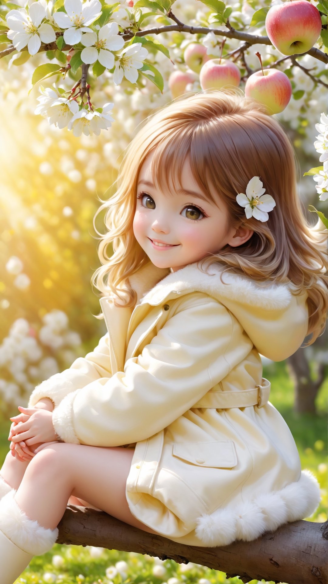 Side view shot, full body, Morning style, sunshine, apple tree, apples full bloom, a cute little girl clear details and charming eyes and wearing light yellow and white fluffy coat sitting on the brunch looking forward apples, smile happily and enjoy the best moment, depth of field, flowers blooming fantastic romantic bokeh background ,portraitart,xxmix_girl,Anime 