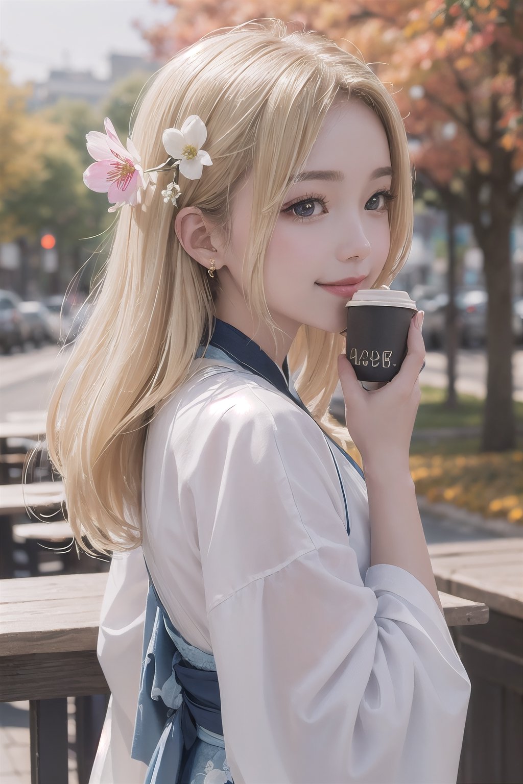 (Masterpiece, Top Quality, Best Quality, Official Art, Autumn,outdoor cafe, Side view, drink coffee, Turn around and look,blonde girl, Beauty and Aesthetics),, Cute, Smile, adorable, Extremely Detailed, Abstract, Fractal Art, Long Hair, Destiny Series, Colorful, Most Detailed, flwoers blooming, soft lingt bokeh background, Jewelry, Hanfu,, landscape, ink, Portrait photograph. flowers blooming bokeh as background, depth_of_field 