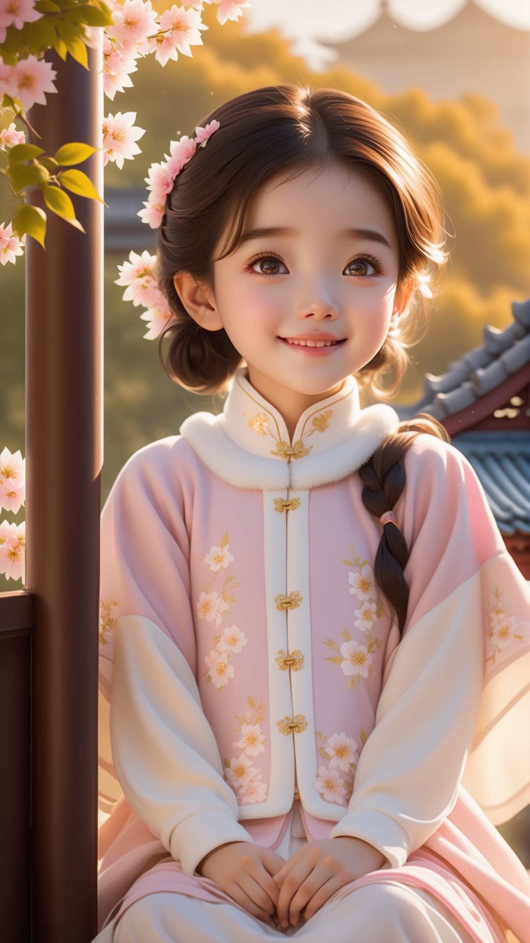 Pixar animated movie scene style, Chinese house style, in the morning light, pink and white yellow flowers bloom and maple tree bloom, sunray through the leaves, a beautiful and cute little girl with beautiful eyes, sitting on the railing, perfect face, smiling happily, 32k ultra high definition, Pixar movie scene style, realistic high quality Portrait photography, eternal beauty, the lantern behind her emits a soft light, beautiful and dreamy, the flowers are in bloom, and the light bokeh serves as the background.