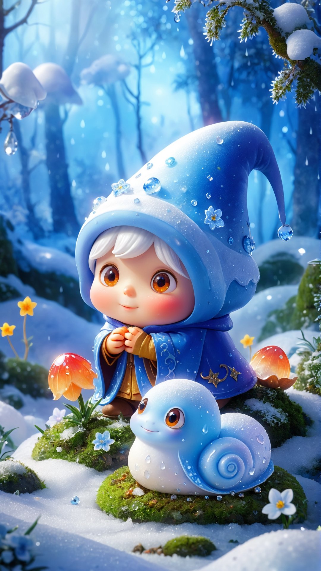 A wizard and his familiar, which is a magical ice snail with white skin and glowing blue crystalline shell, fantasy, snow, ice, flowers bloom and lights soft, digital art, a diminutive gently crying little wizard with curled pointy hat with tears as big as dew drops sitting in the rain on a leaf covered by moss, snowy forest background, tiny flowers, sparkling with frosty snow dew and snow drops, red orange and yellow colors through dappled sunlight,perfecteyes eyes