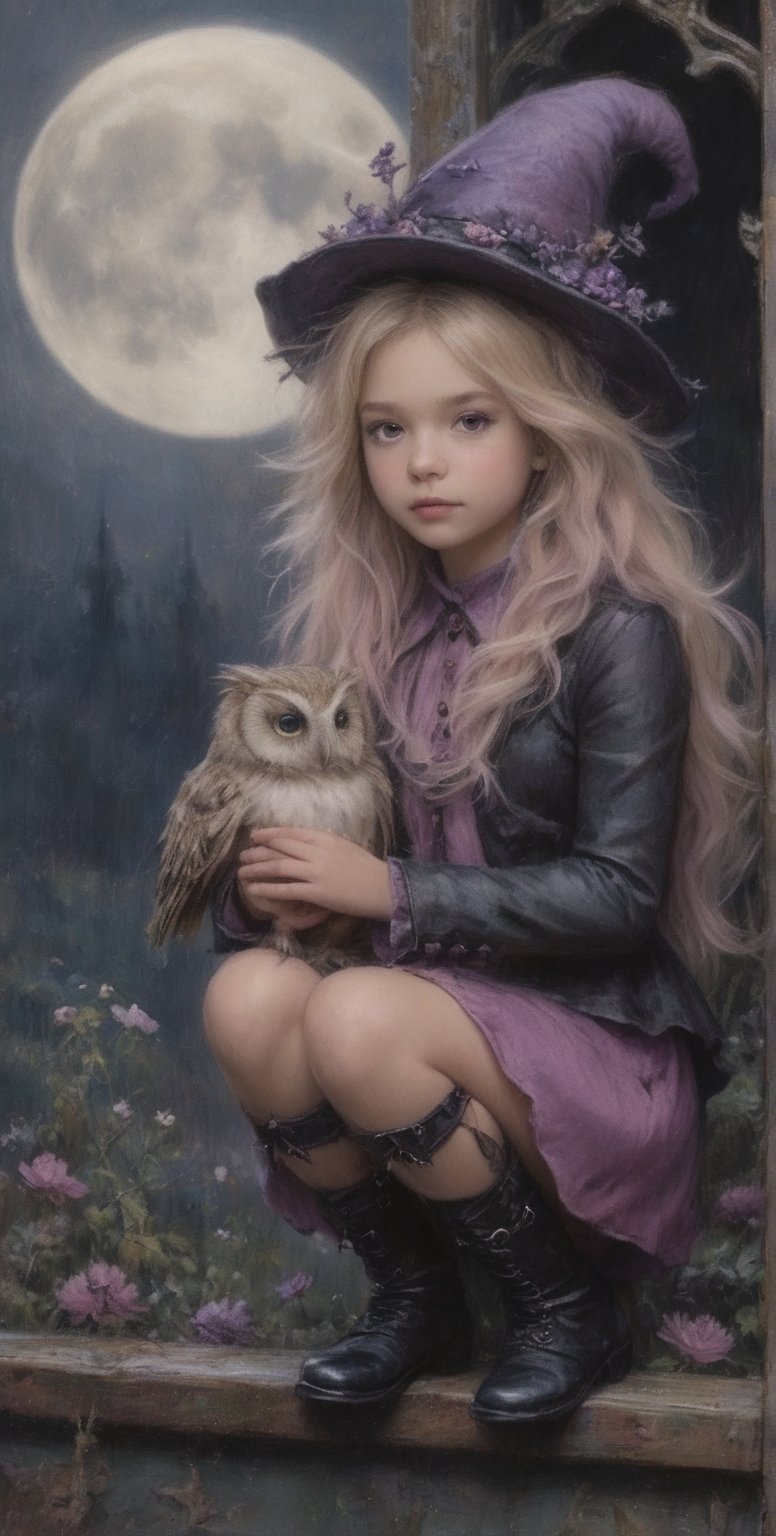 A whimsical, gothic, and kawaii style art scene featuring a cute little girl with messy long hair sitting on the fence with her fluffy owl beside her. She wears a top hat, styled by Artgerm, leather pants, buckled boots. The color palette includes purples, pinks, blacks, green and lavenders, with touches of white. She has marbled lipstick. The setting is magical and enchanting, like a moonlit forest or mystical castle, reminiscent of Anton Semenov's work. Fantastic amazing, Cute and enjoy 