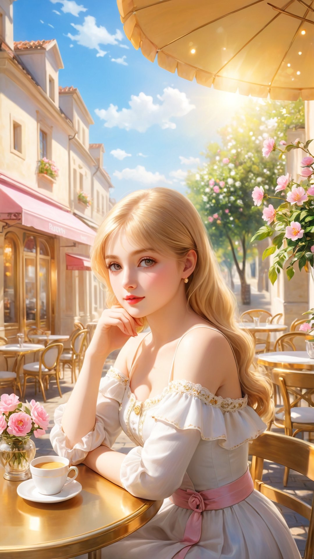 Elegant, gorgeous scene of a beautiful girl sitting in a sunny European cafe with golden summer light outside the table, pink and white flowers blooming scene, Pierre-Auguste Renoir style, impressionism, amazing Marvel at the intricate details. (Masterpiece, Top Quality, Best Quality, Official Art, Beauty and Aesthetics: 1.2), (1 Girl: 1.4), Upper Body, Blonde Hair, Portrait, Extremely Detailed, Ultra Wide Angle, High Angle, High Color Contrast, Medium Shot, Depth of Field , blurred background, simple background, bokeh,