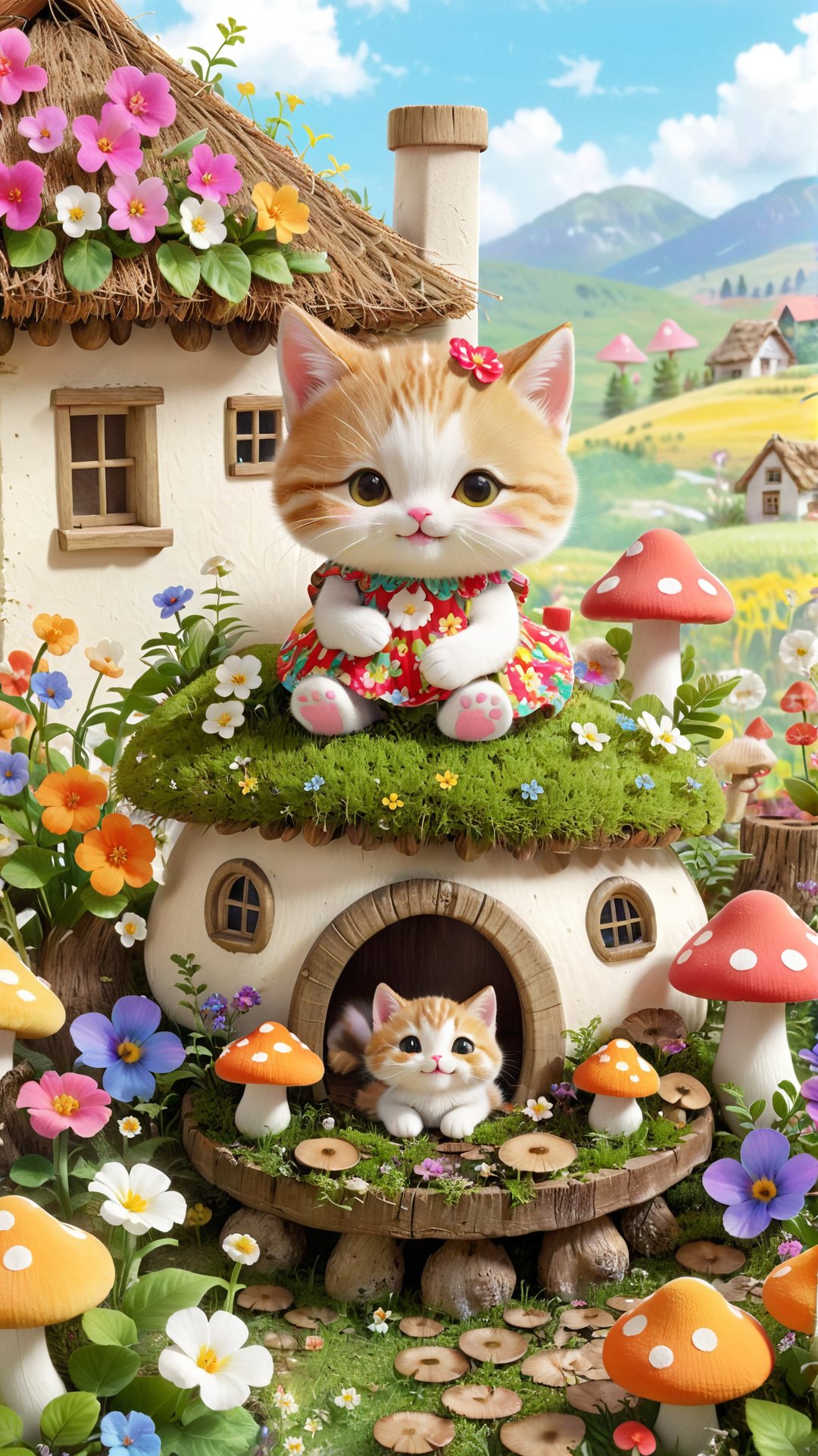 Charming and whimsical rustic centerpiece illustration of an adorable little kitten sitting in a vibrant mushroom garden.  The little cat has a sweet smile and wears an exquisite floral dress.  Surrounding the kitten is a row of colorful mushrooms, some of which have cute faces.  The background depicts a quaint cottage with a thatched roof and blooming flowers, creating a peaceful, idyllic country atmosphere.