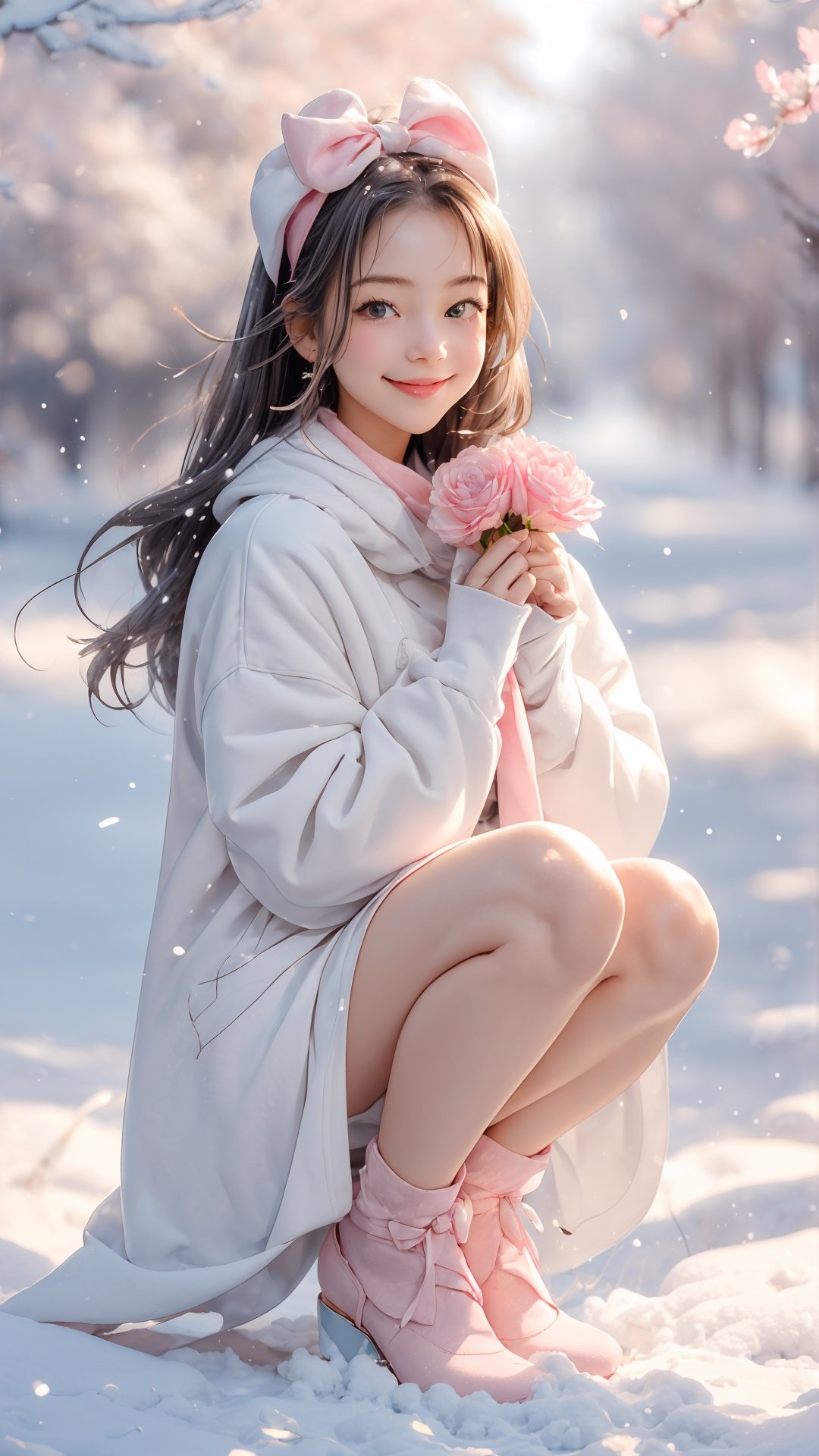 Winter style, snow falling, plum flowers blooming, A cute little girl wears pink and white fluffy coat and scarf, with a pink bow tied on her head. She smiled brightly and her eyes twinkled with kindness. She held a pink rose in her hand and smelled the fragrance. Under her feet is a lush green flower and grass, as if she is a part of nature. Her laughter in the breeze adds a touch of childlike innocence to this beautiful scene. Please give her some more background or context so we can add more details ,perfect split lighting,ZGirl,Nature, flowers blooming fantastic and dreamy light romantic lighting bokeh background ,snow_scene_background,1 girl