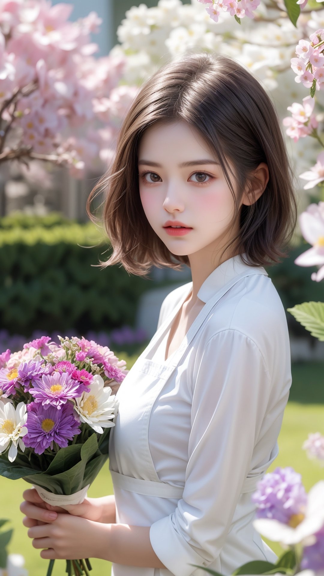 Garden, flowers bloom, A girl, beautiful and perfect face, the scene features soft lighting and bokeh effects, and the characters are rendered in a realistic style with high-quality details against a floral background, flowers bloom, with short hair stood outside, holding flowers, especially purple flowers. She wears a white shirt and pink apron. Natural atmosphere.