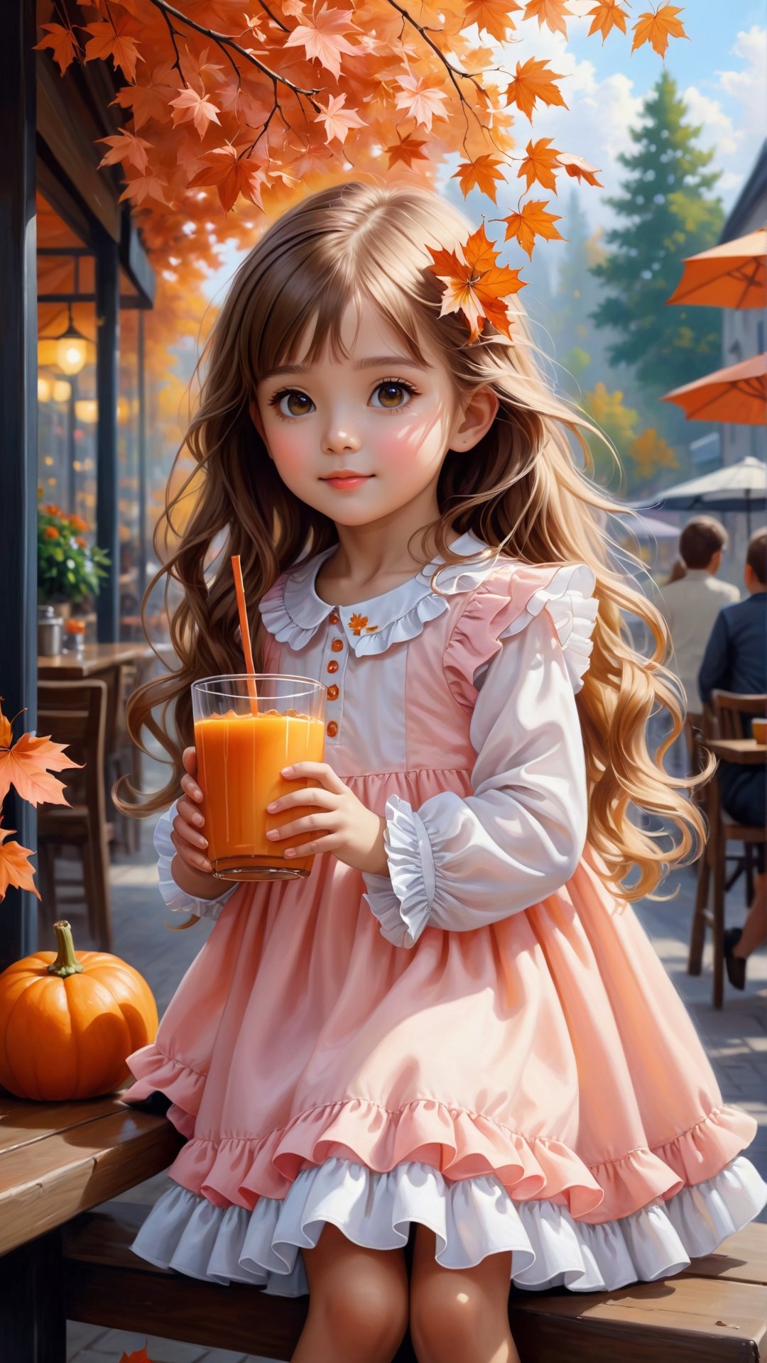 ((masterpiece), (best quality), (highly detailed)), Front view shot, Autumn style, flowers blooming, maple leaves falling, pink flower petals falling too, full body, A cute little girl with long hair wearing orange and white colour Ruffles shirt in the out door café sit and drink juice 🥤happy and Lough, is the subject of this beautiful painting. The artist has created a realistic and detailed portrayal of a cute girl, showcasing their expertise in 4K digital art. The painting captures the essence of the little girl's features, bringing them to life with stunning realism. The use of oil adds to the beauty and richness of the portrait, making it a magnificent and visually captivating piece. This realistic and detailed oil painting is truly a work of art. flowers blooming and lighting bokeh as background