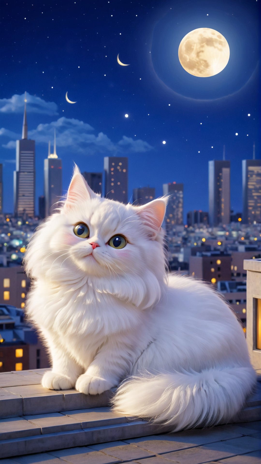 A serene and dreamy of a beautiful eyes so charming adorable little fuzzy long hair persian white cat gazing at the moon while lying on a rooftop. enjoy, In the background the city skyline is beautifully lit, with a crescent moon shining in the night sky. The cat's fur glows slightly, reflecting the soft moonlight. There's a sense of calm smiling.