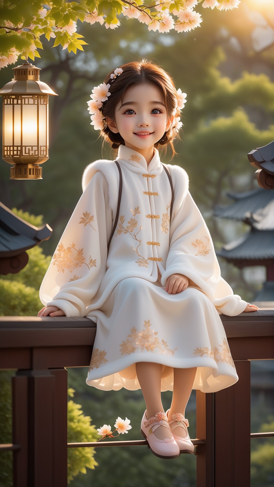 Pixar animated movie scene style, Chinese house style, in the morning light, maple tree bloom, sunray through the leaves, a beautiful and cute little girl with beautiful eyes, sitting on the railing, perfect face, smiling happily, 32k ultra high definition, Pixar movie scene style, realistic high quality Portrait photography, eternal beauty, the lantern behind her emits a soft light, beautiful and dreamy, the flowers are in bloom, and the light bokeh serves as the background.