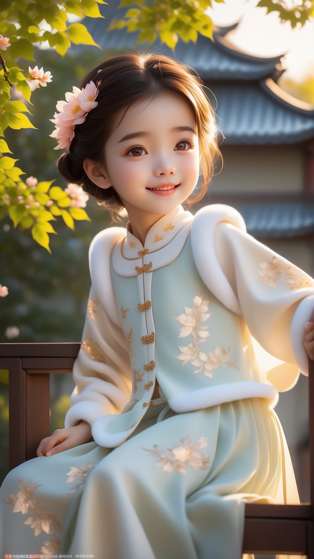 Pixar animated movie scene style, Chinese house style, in the morning light, maple tree bloom, sunray through the leaves, a beautiful and cute little girl with beautiful eyes, sitting on the railing, perfect face, smiling happily, 32k ultra high definition, Pixar movie scene style, realistic high quality Portrait photography, eternal beauty, the lantern behind her emits a soft light, beautiful and dreamy, the flowers are in bloom, and the light bokeh serves as the background.