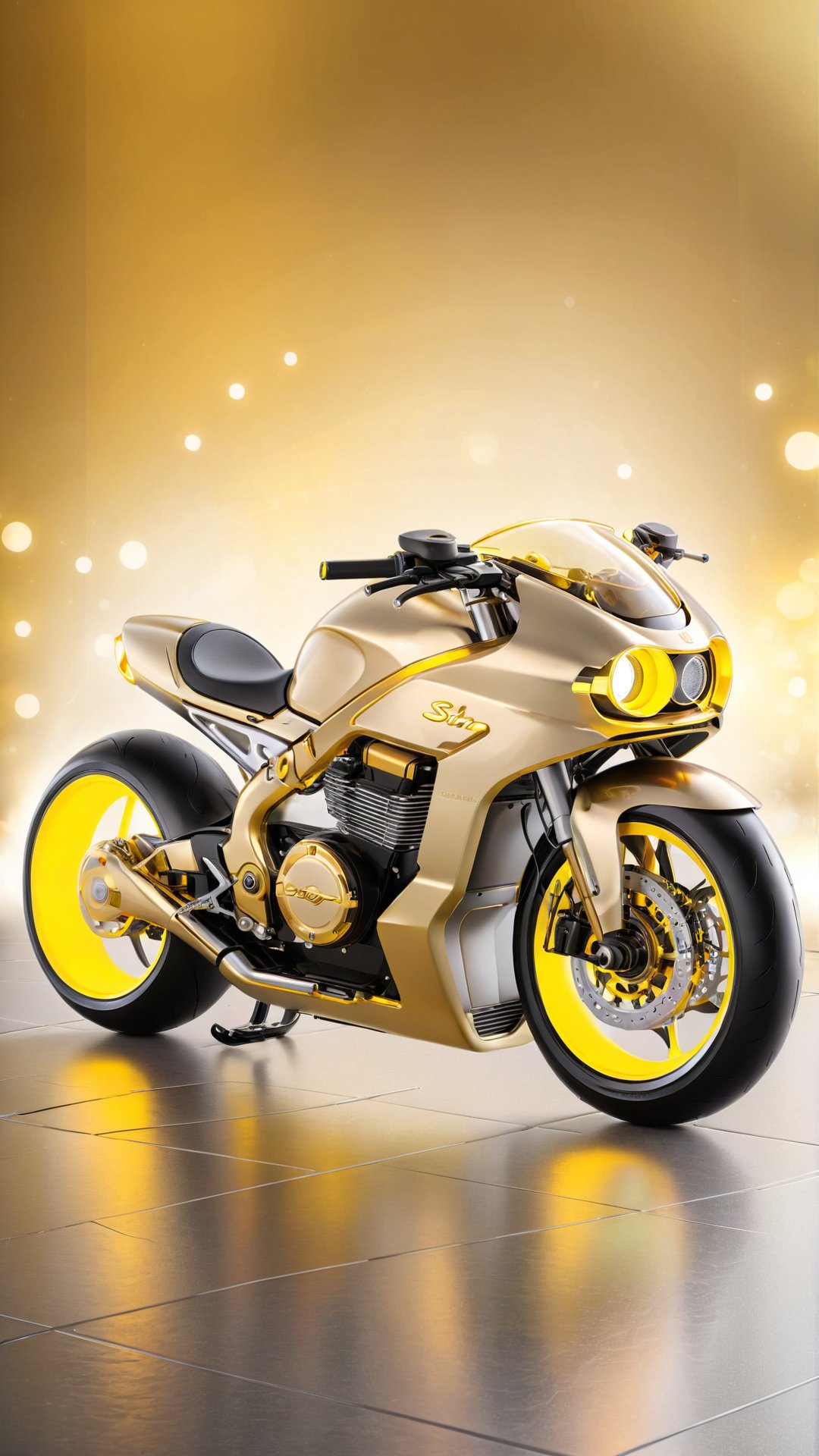 A futuristic and stunning creation of a 3D custom motorcycle, highlighted by gold accents and a blazing neon yellow glow. The motorcycle features a sleek and sophisticated look, inspired by the Genesis, and adorns a shiny silver background that highlights its unique appearance. The name "Hello" is inscribed in large cursive letters, with a refined and elegant effect thanks to the intense gold outline. The "By Design Digital" stamp in soft golden tones is a recognition of the talent and skill of the digital artist in this masterpiece.lighting bokeh background.